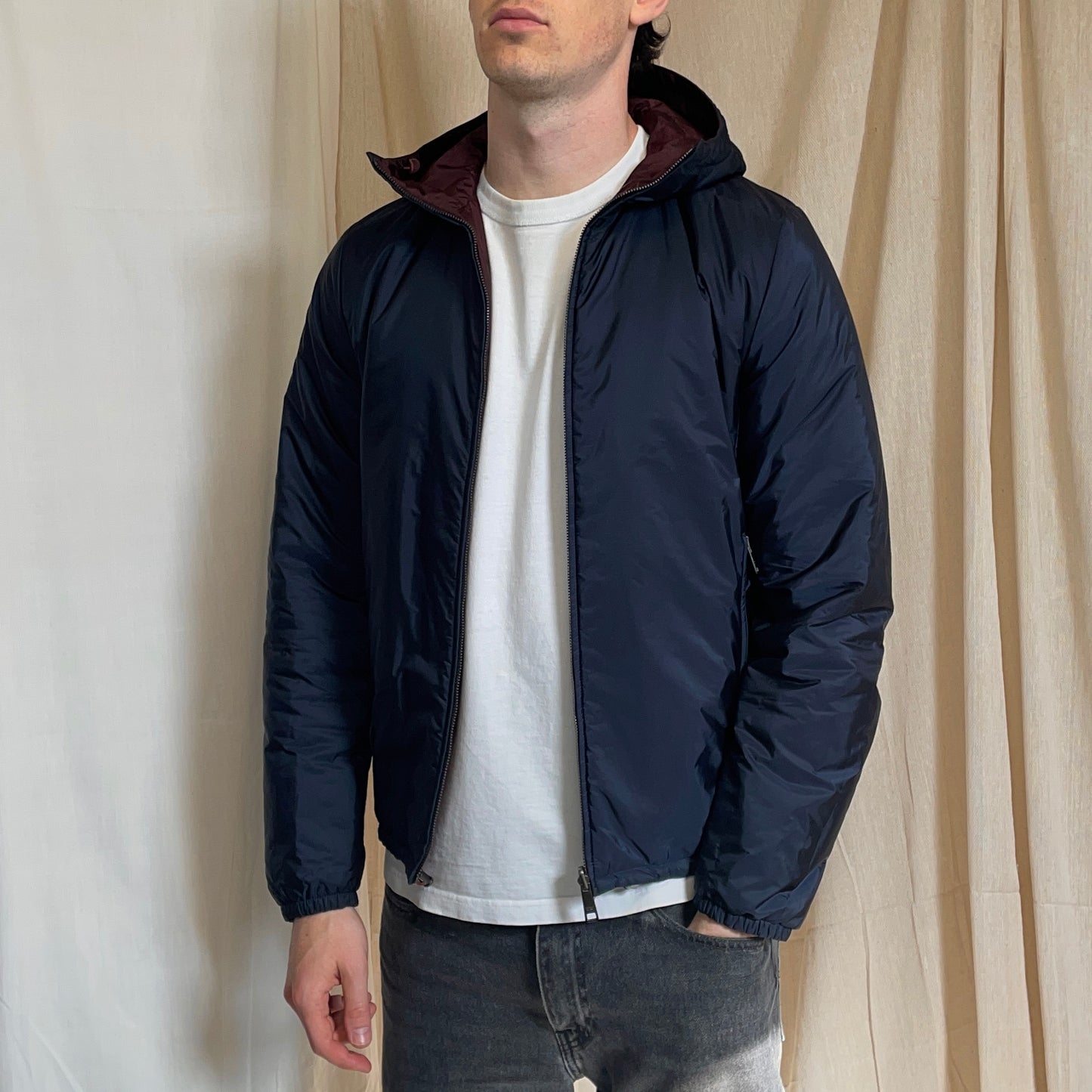 Prada Sport Navy & Burgundy 2018 Nylon Reversible Padded Hooded Jacket