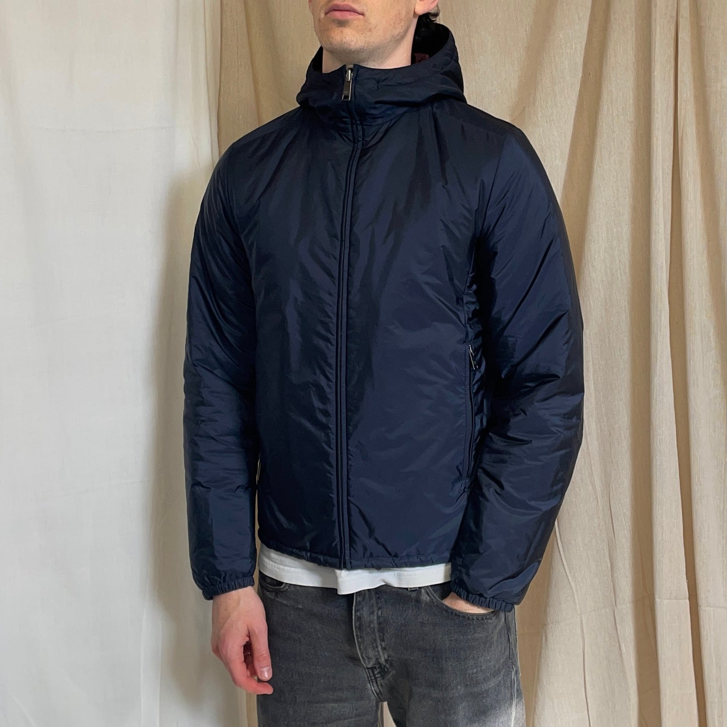 Prada Sport Navy & Burgundy 2018 Nylon Reversible Padded Hooded Jacket