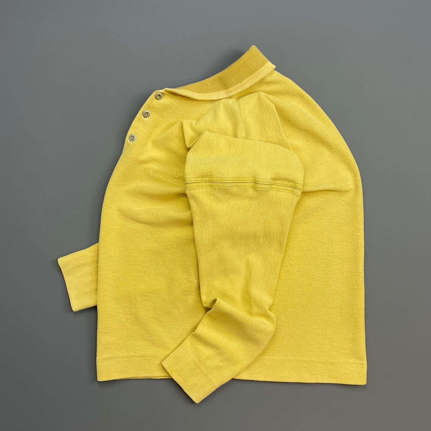 Stone Island Yellow 80s Silver Button-Up Collared Spellout Jumper