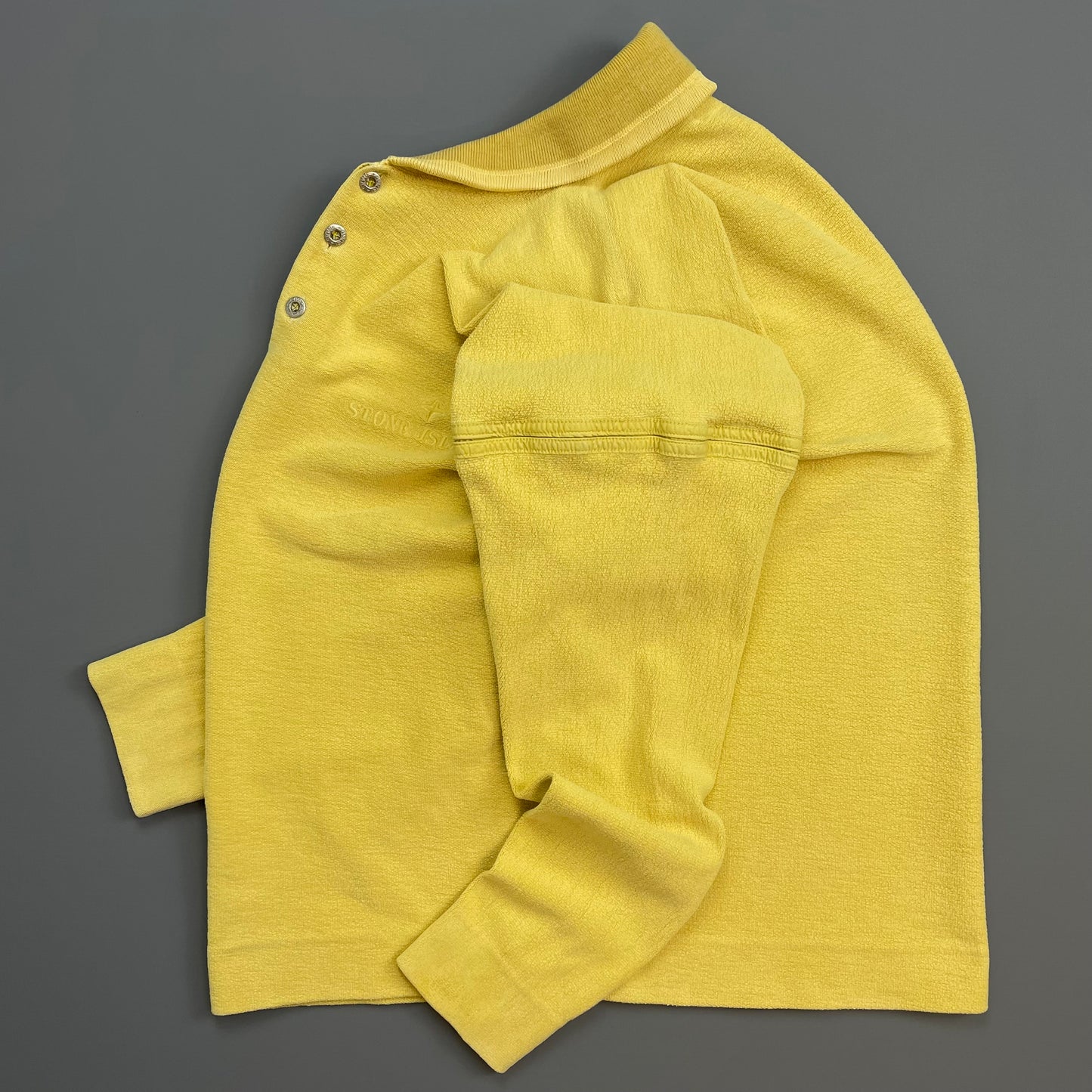Stone Island Yellow 80s Silver Button-Up Collared Spellout Jumper