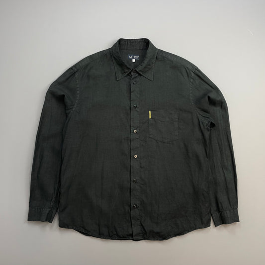 Armani Jeans Black 00s Linen Button-Through Shirt