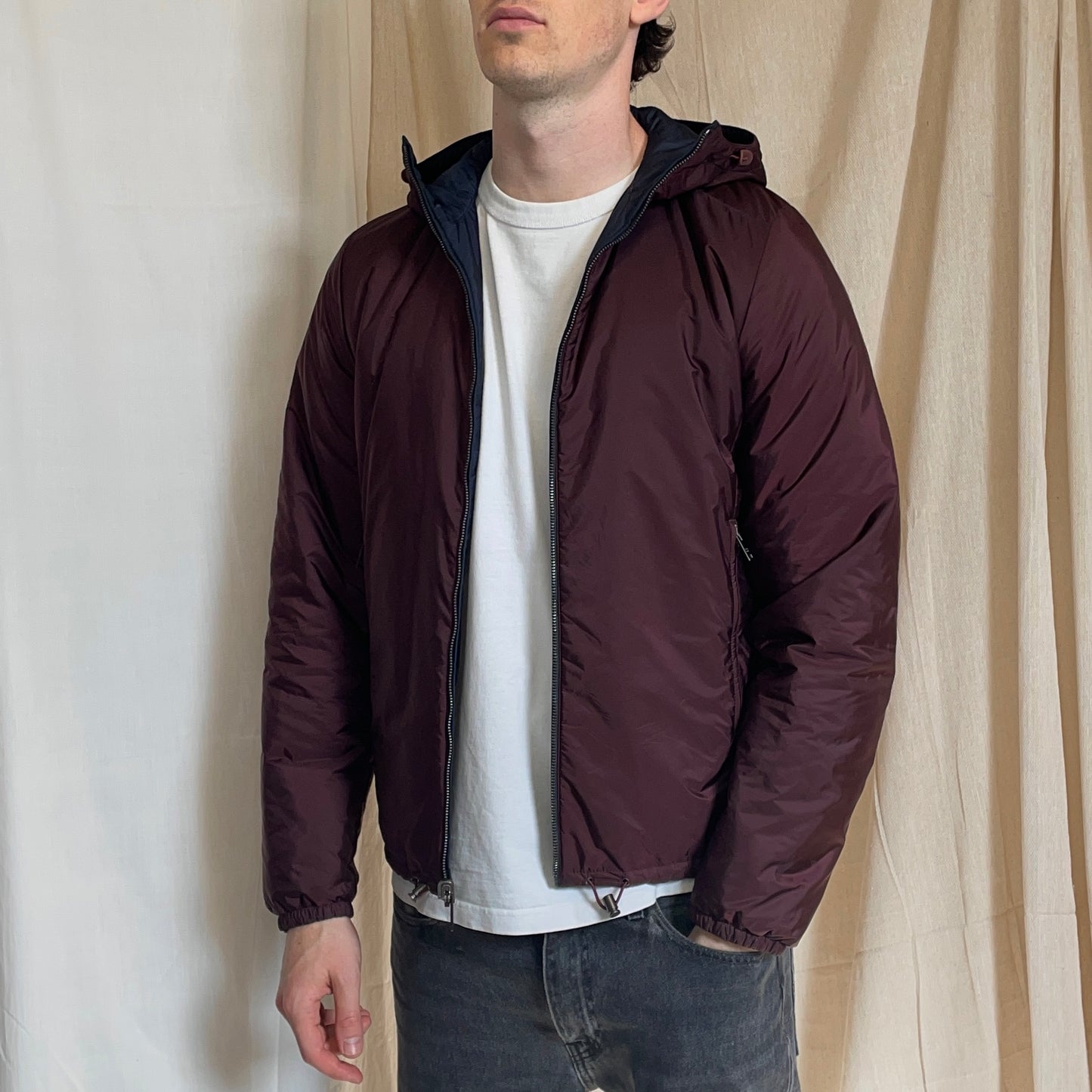 Prada Sport Navy & Burgundy 2018 Nylon Reversible Padded Hooded Jacket