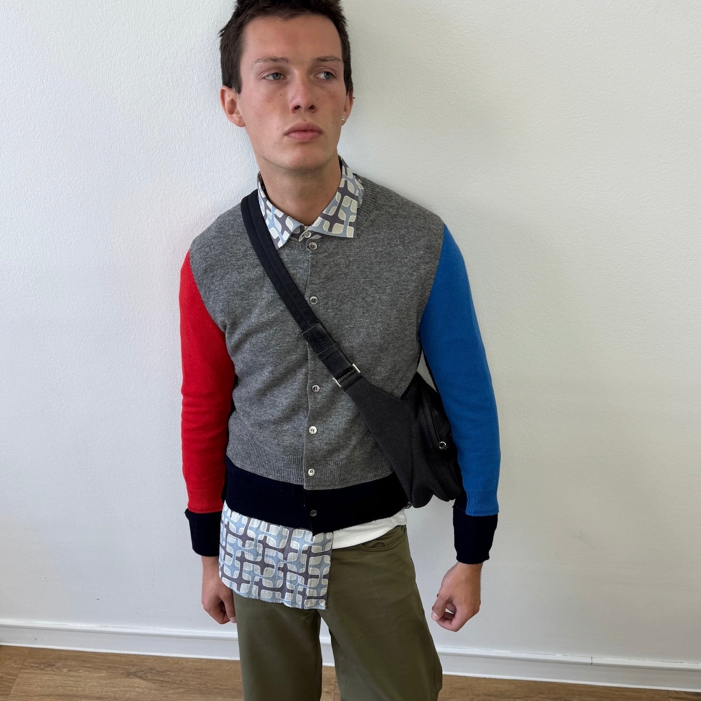 Comme Des Garçons Grey Red & Blue Cardigan