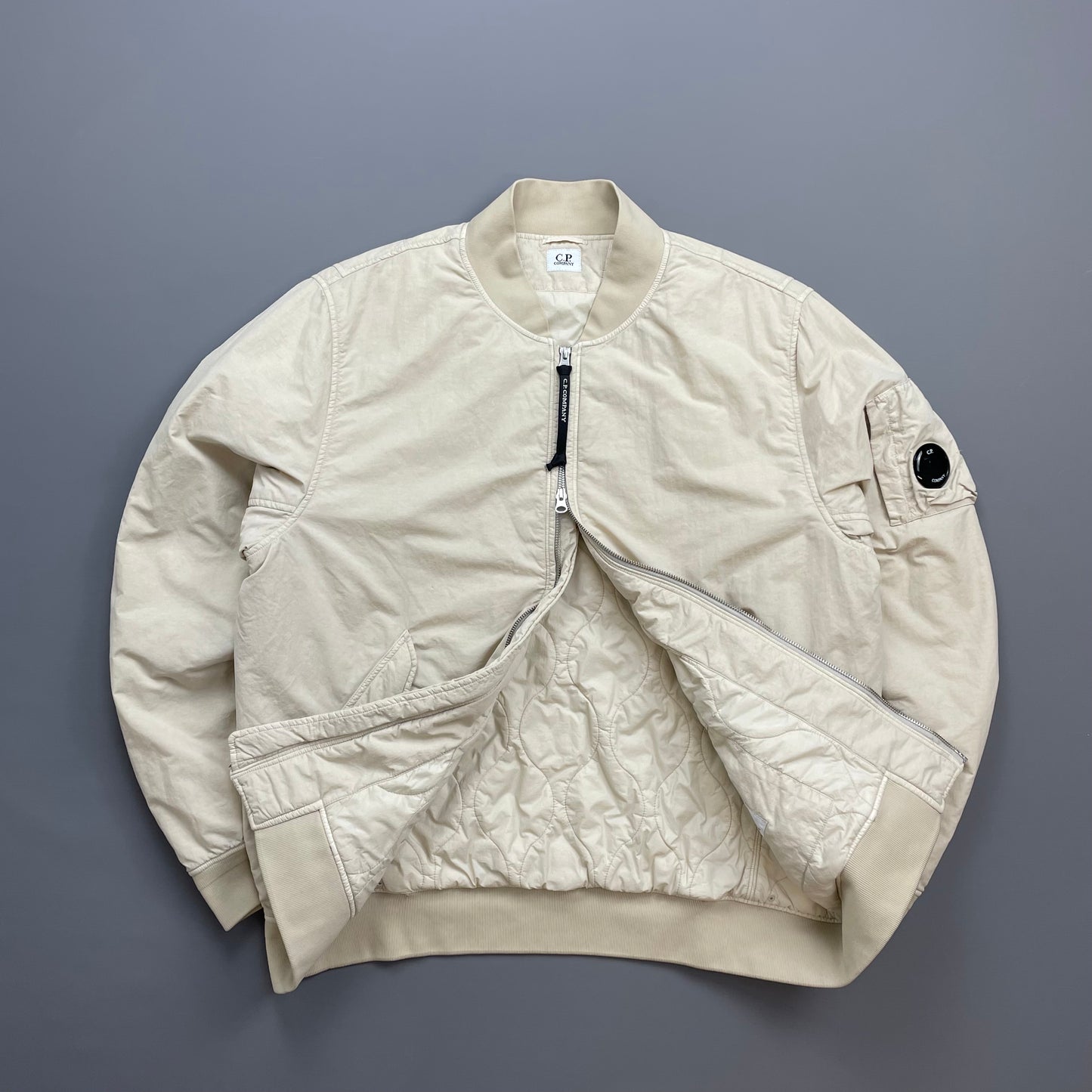 C.P. Company Cream Flatt Nylon Quilted Bomber Jacket