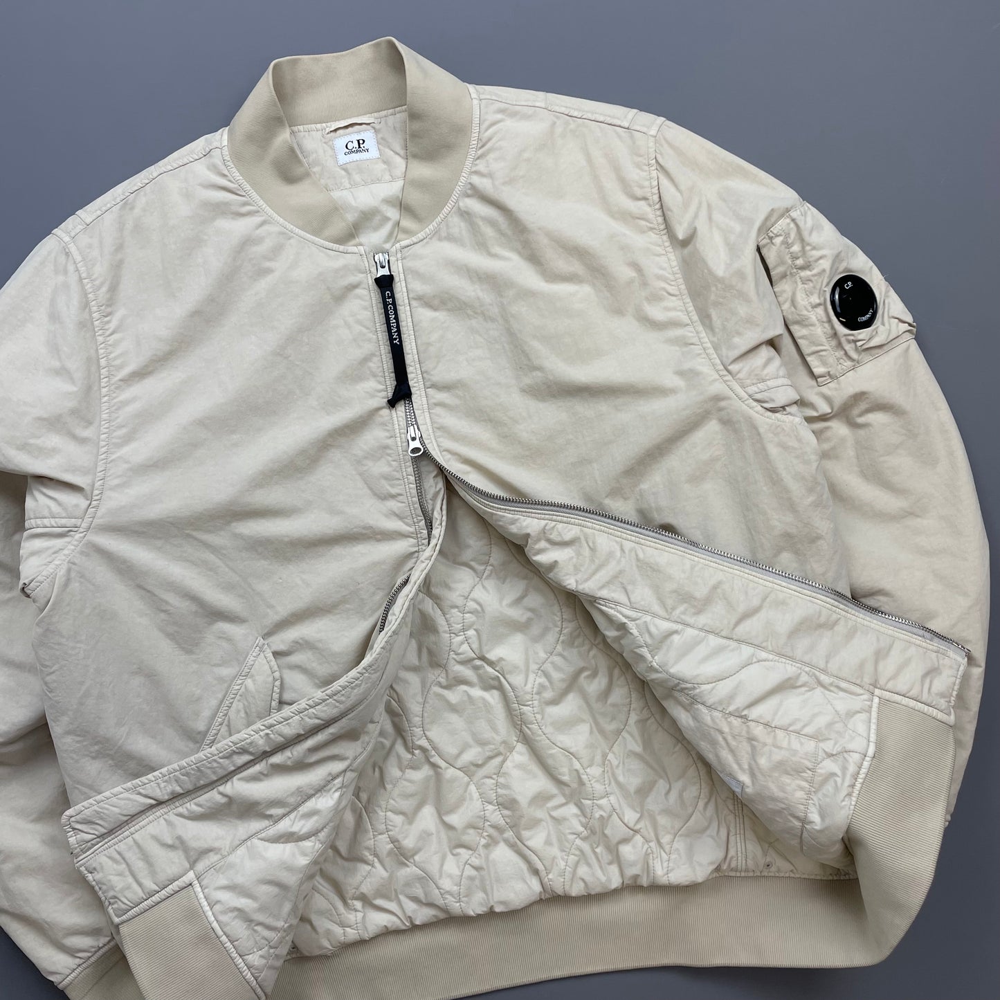C.P. Company Cream Flatt Nylon Quilted Bomber Jacket