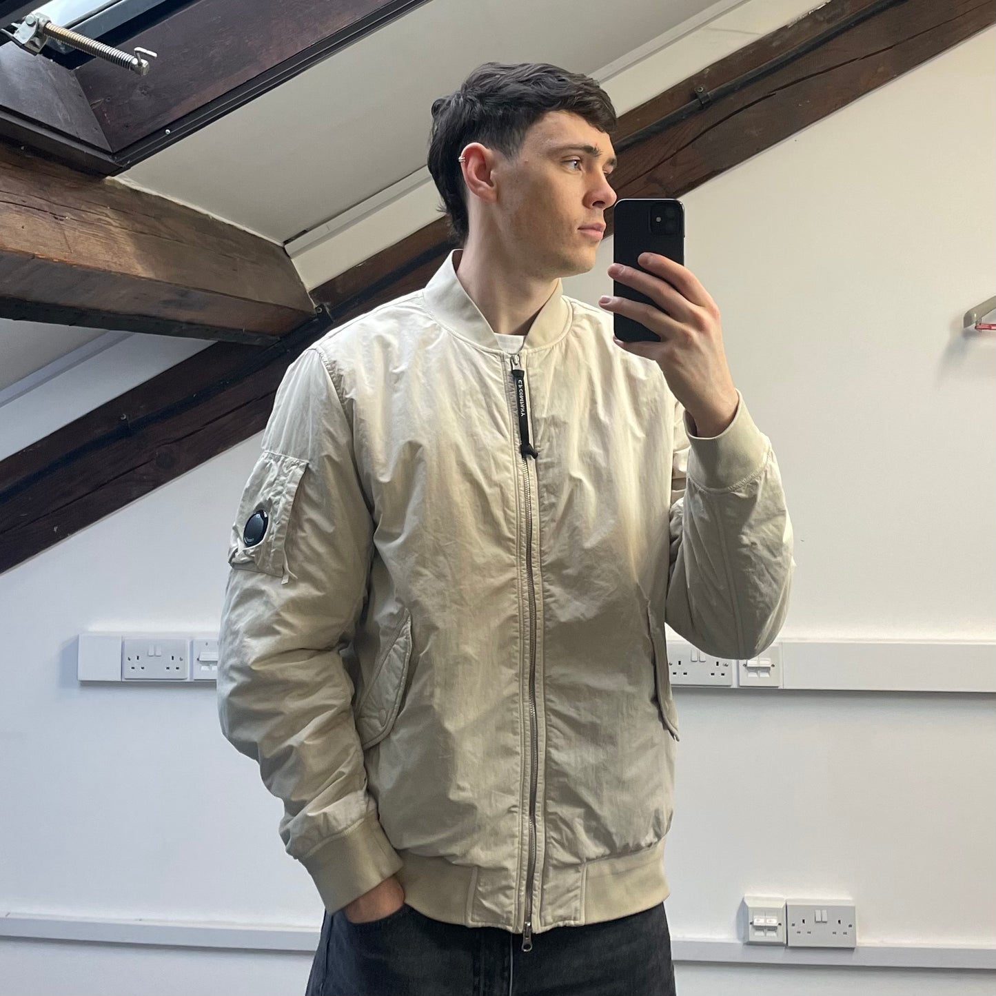 C.P. Company Cream Flatt Nylon Quilted Bomber Jacket