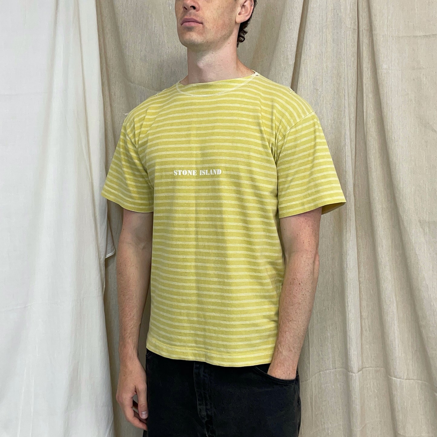 Stone Island Yellow 80s Striped Boat Neck Cotton Spellout Tee
