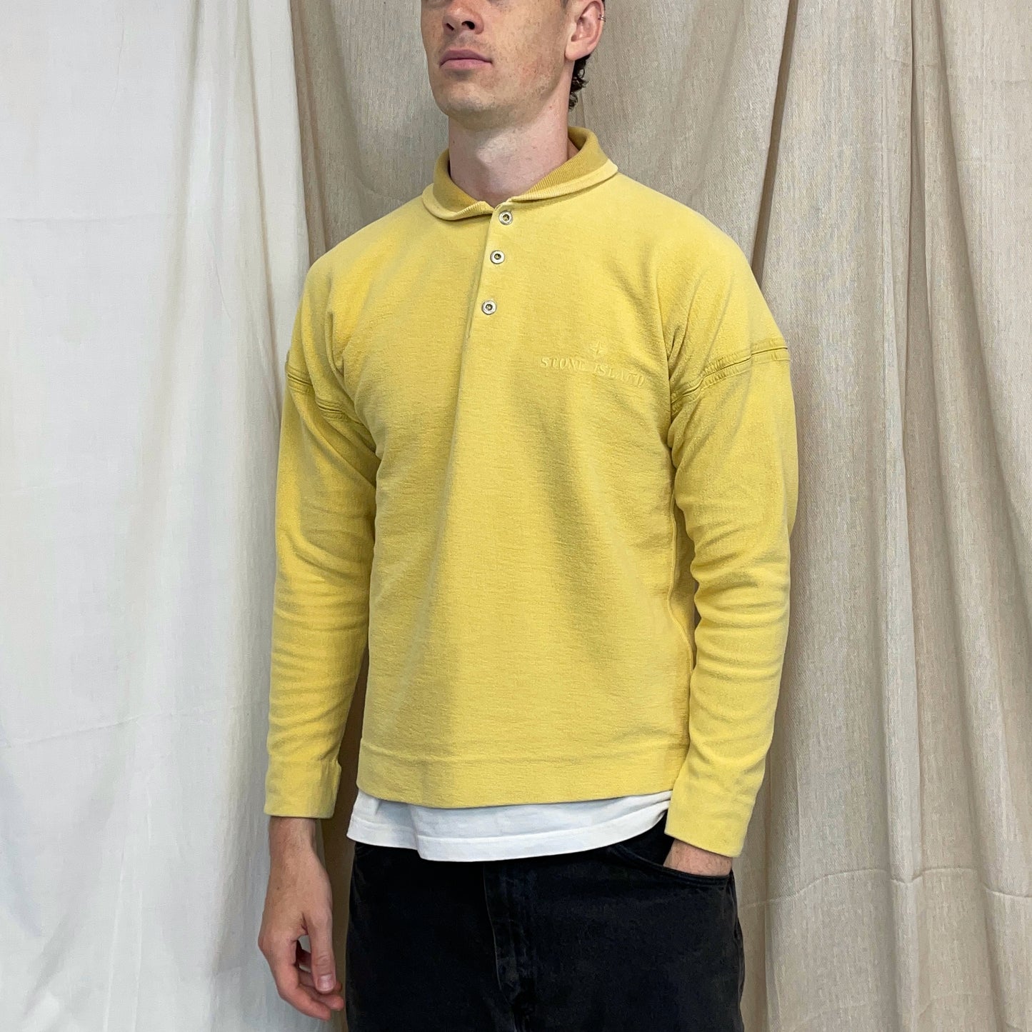 Stone Island Yellow 80s Silver Button-Up Collared Spellout Jumper