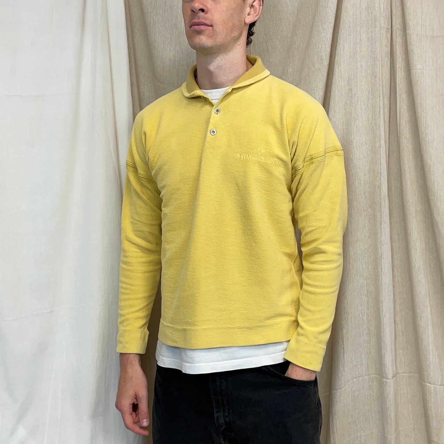 Stone Island Yellow 80s Silver Button-Up Collared Spellout Jumper