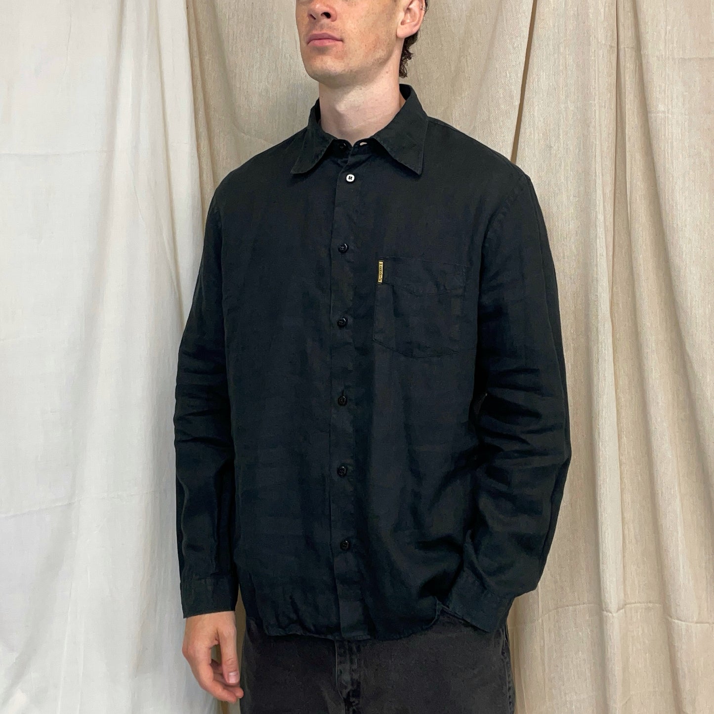 Armani Jeans Black 00s Linen Button-Through Shirt