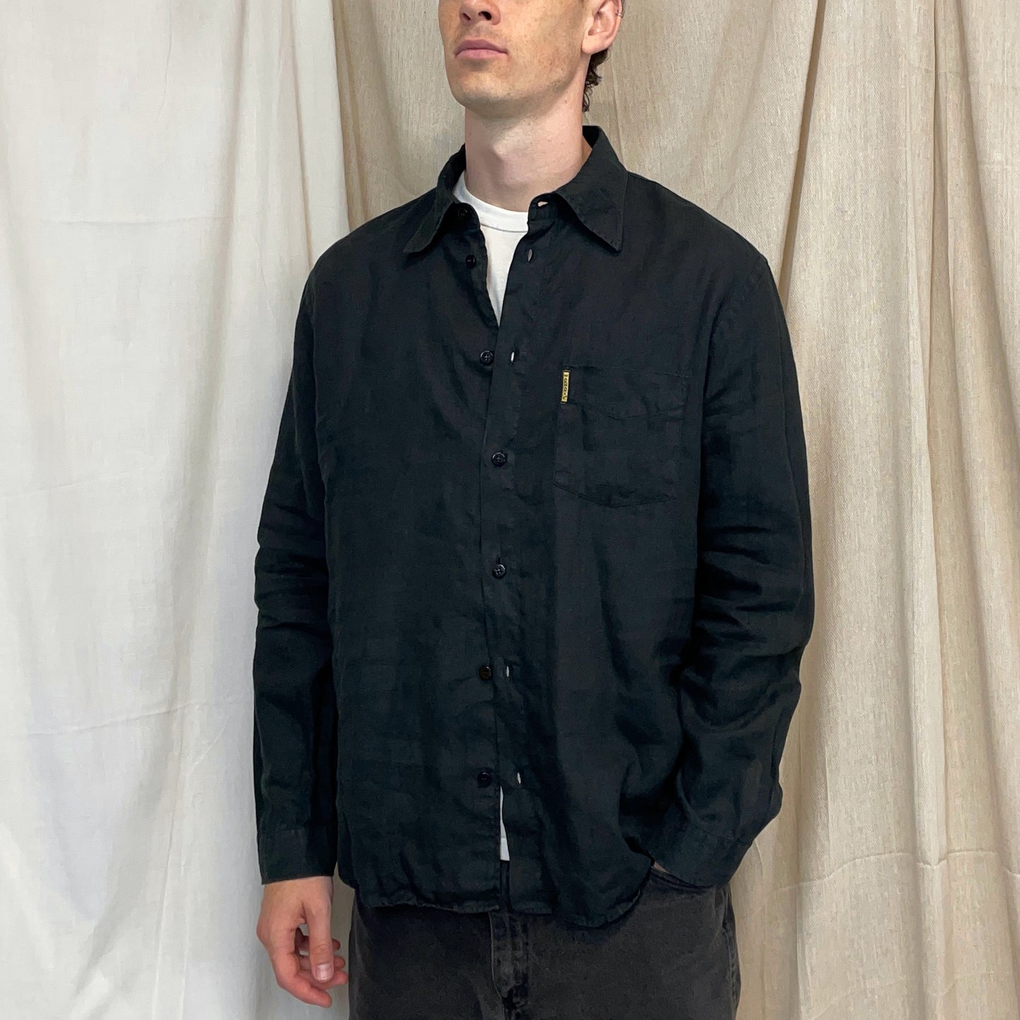 Armani Jeans Black 00s Linen Button-Through Shirt