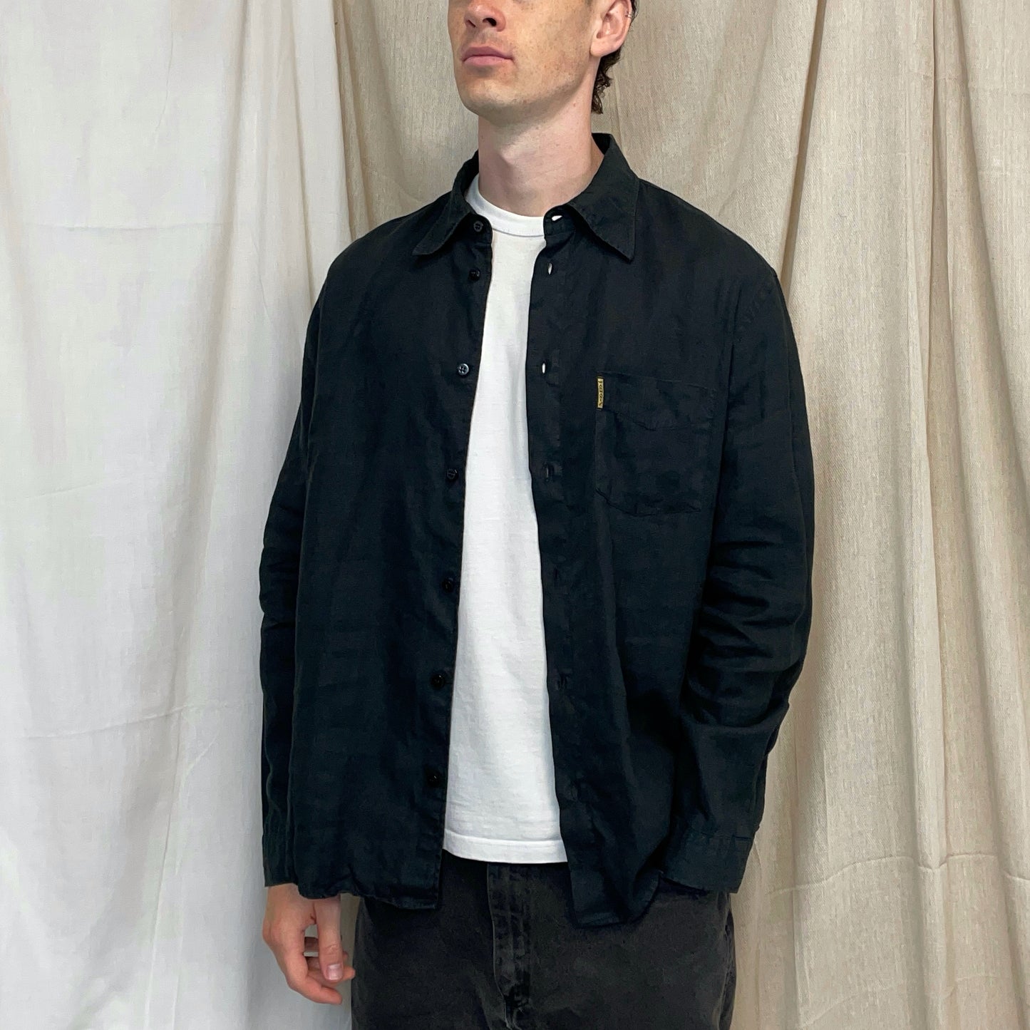 Armani Jeans Black 00s Linen Button-Through Shirt