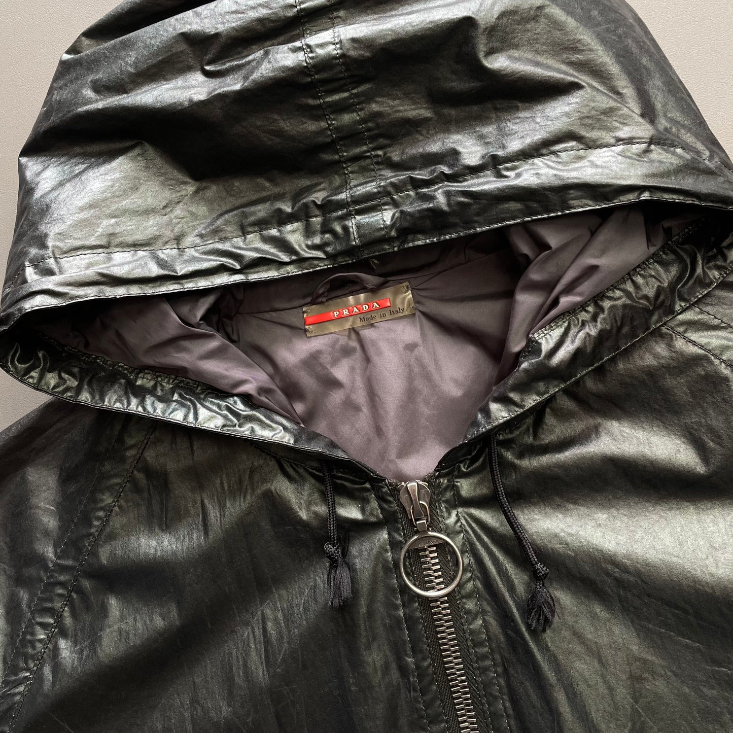 Prada Sport Forest Green 00s Waxy Hooded Windbreaker Jacket