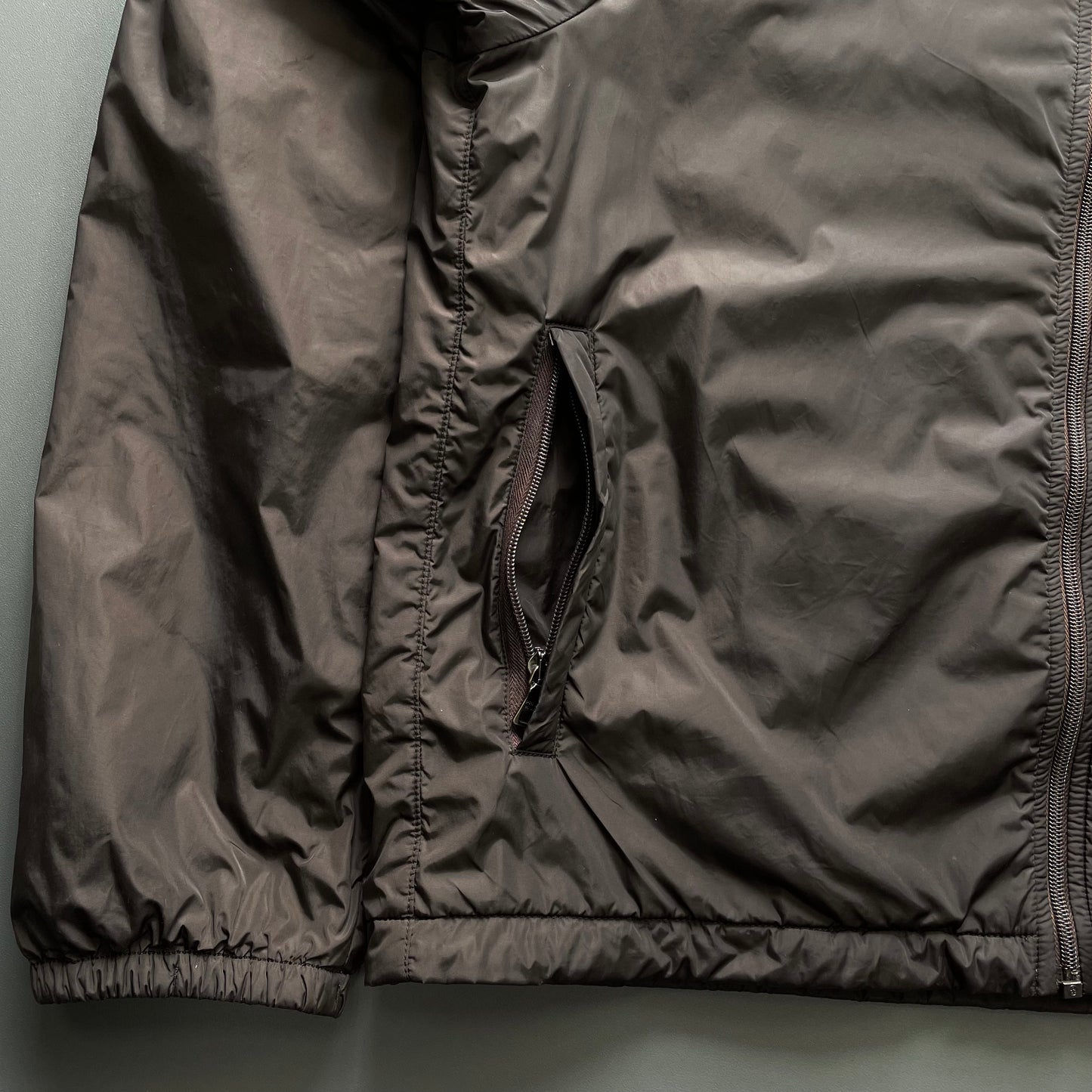 Prada Sport Brown 2007 Sleeve Spellout Nylon Hooded Windbreaker Jacket