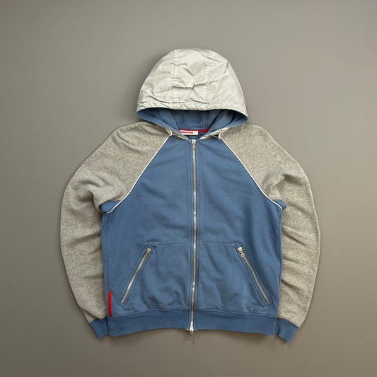 Prada Sport Blue Grey & White 00s Panelled Nylon Hood Zip-Through Hoodie