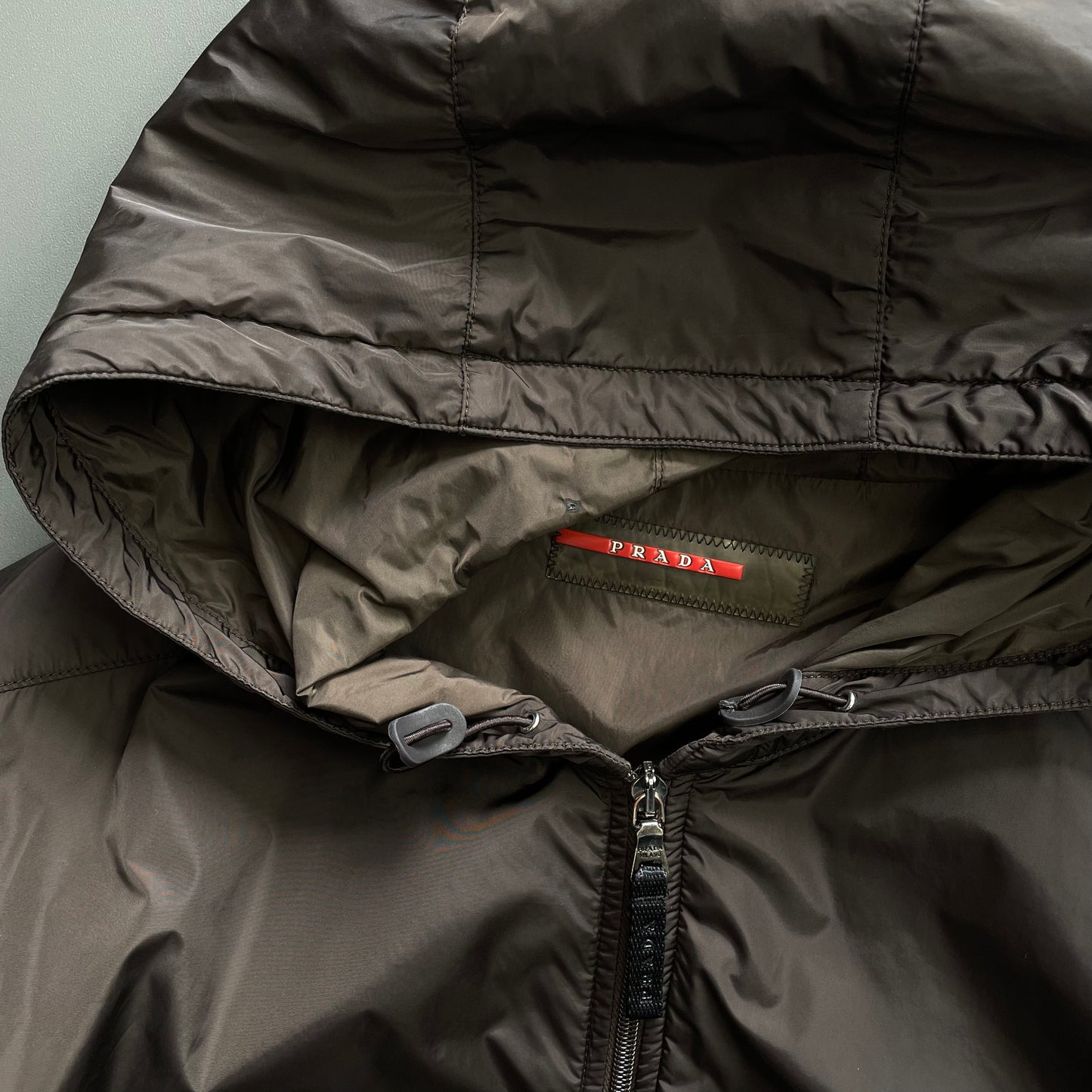 Prada Sport Brown 2007 Sleeve Spellout Nylon Hooded Windbreaker Jacket