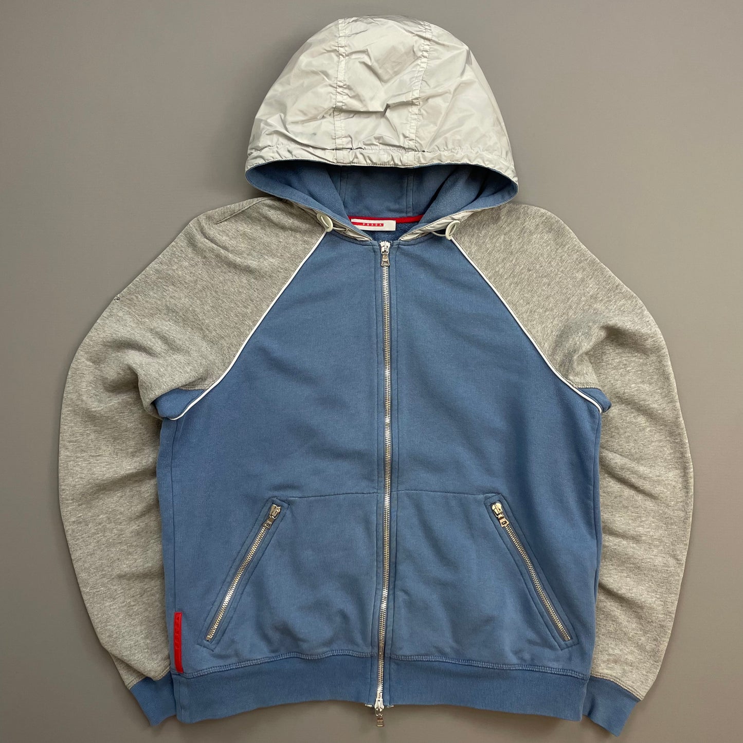 Prada Sport Blue Grey & White 00s Panelled Nylon Hood Zip-Through Hoodie