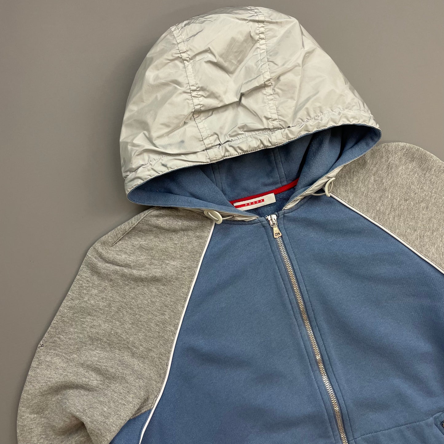 Prada Sport Blue Grey & White 00s Panelled Nylon Hood Zip-Through Hoodie