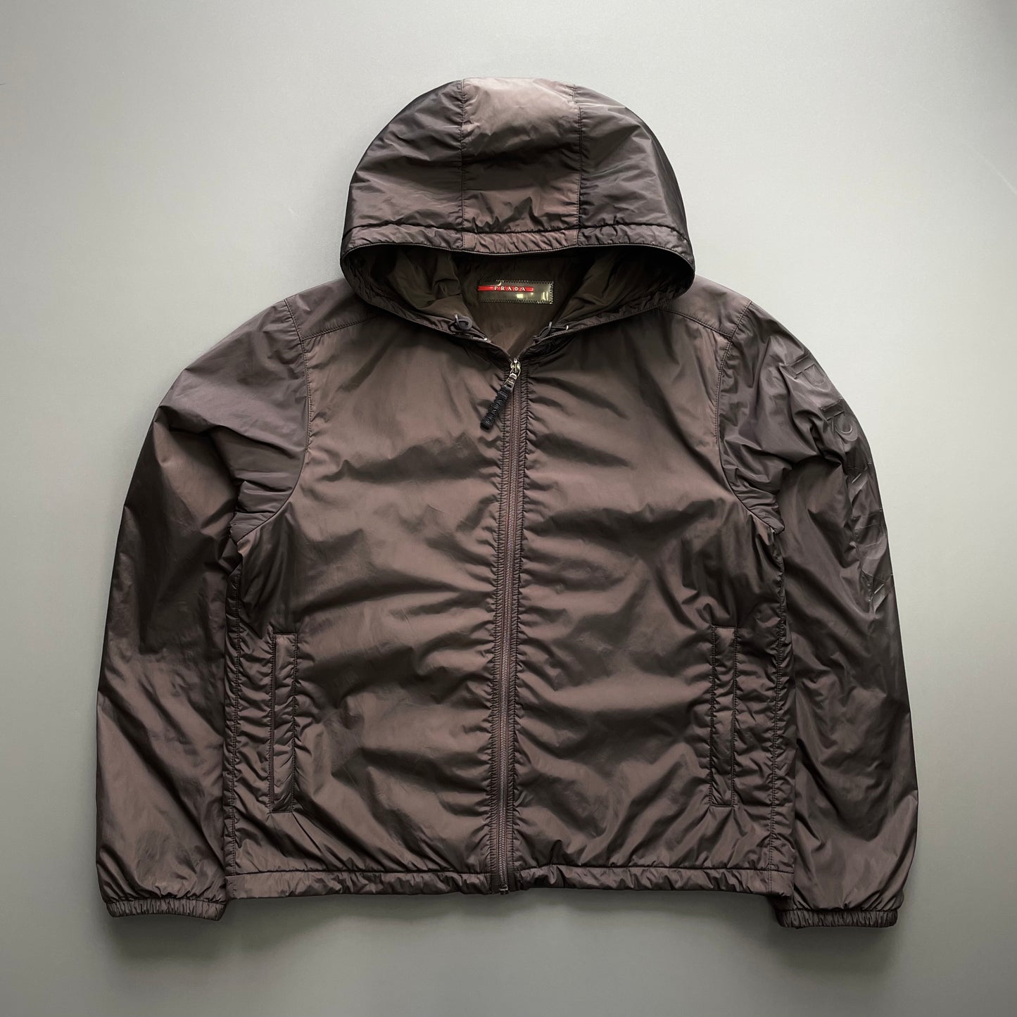 Prada Sport Brown 2007 Sleeve Spellout Nylon Hooded Windbreaker Jacket