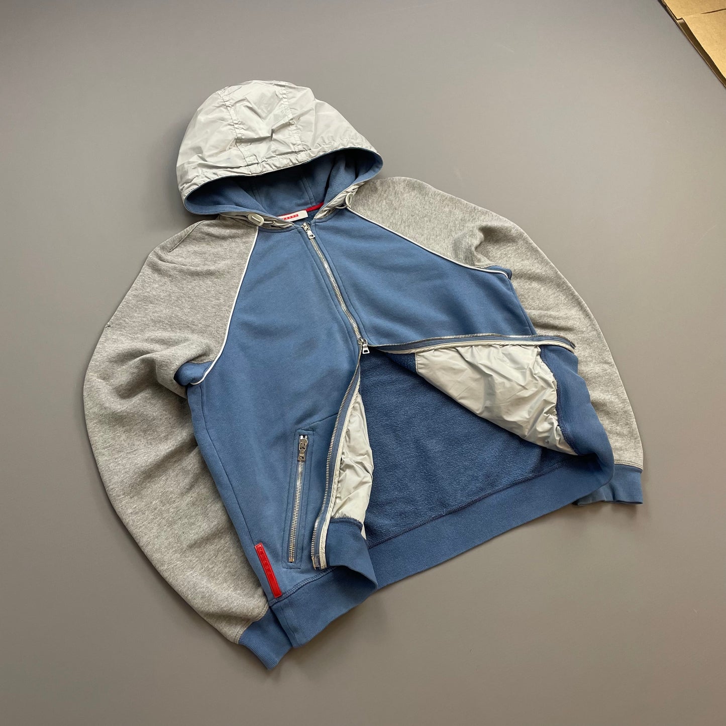 Prada Sport Blue Grey & White 00s Panelled Nylon Hood Zip-Through Hoodie