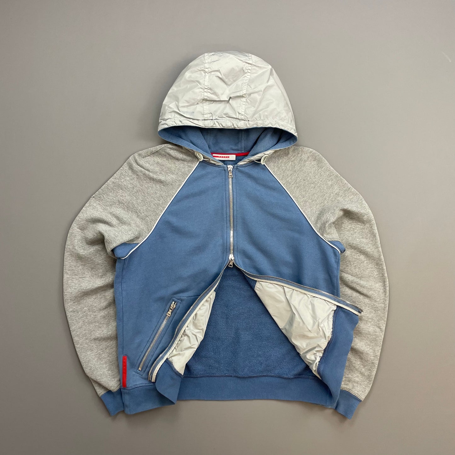 Prada Sport Blue Grey & White 00s Panelled Nylon Hood Zip-Through Hoodie