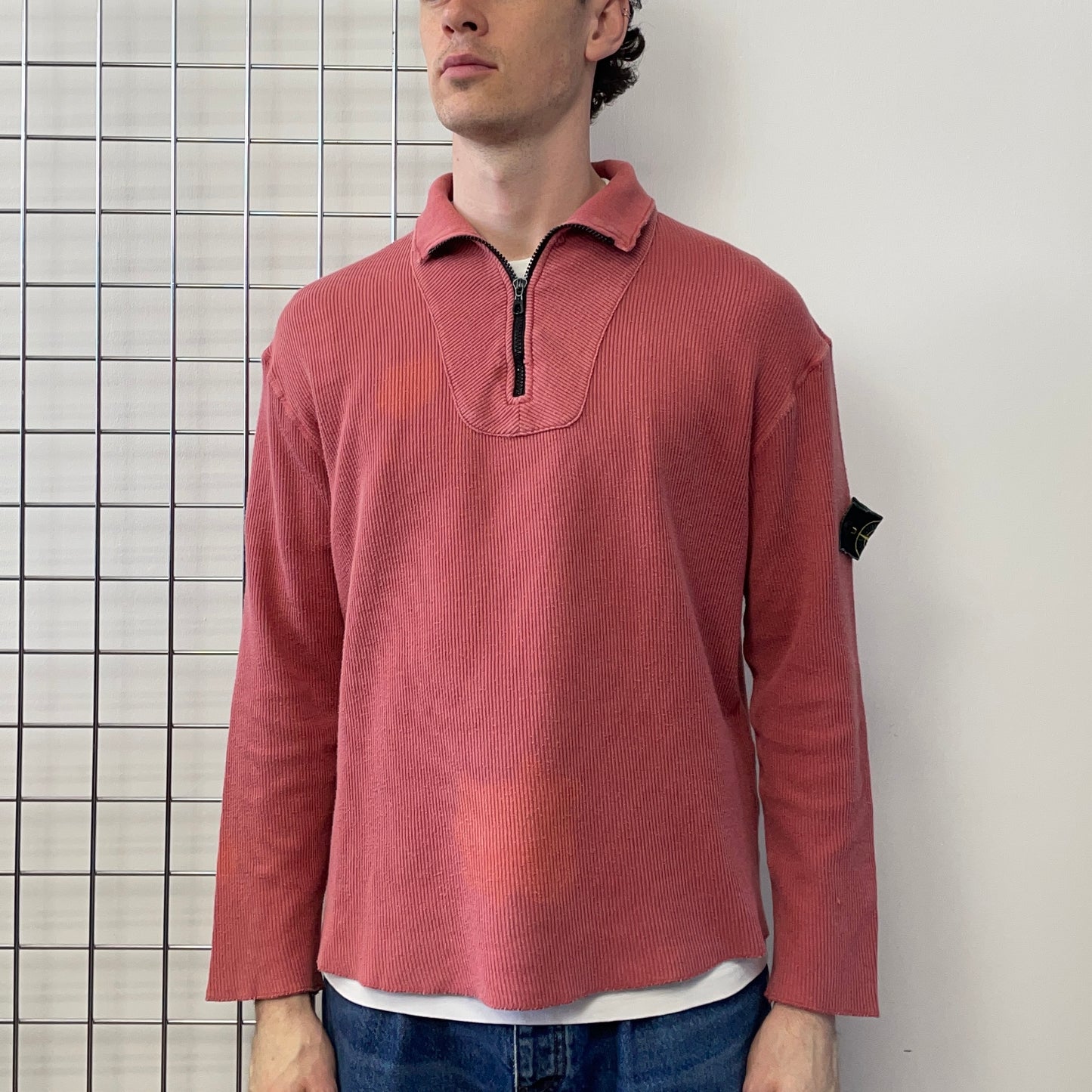 Stone Island Peach Red 90s Ribbed Half Zip Jumper
