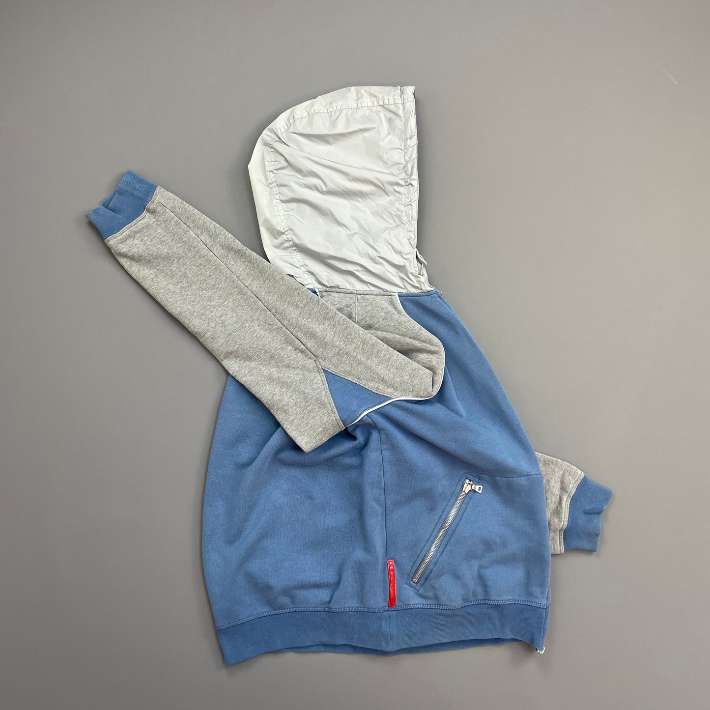 Prada Sport Blue Grey & White 00s Panelled Nylon Hood Zip-Through Hoodie