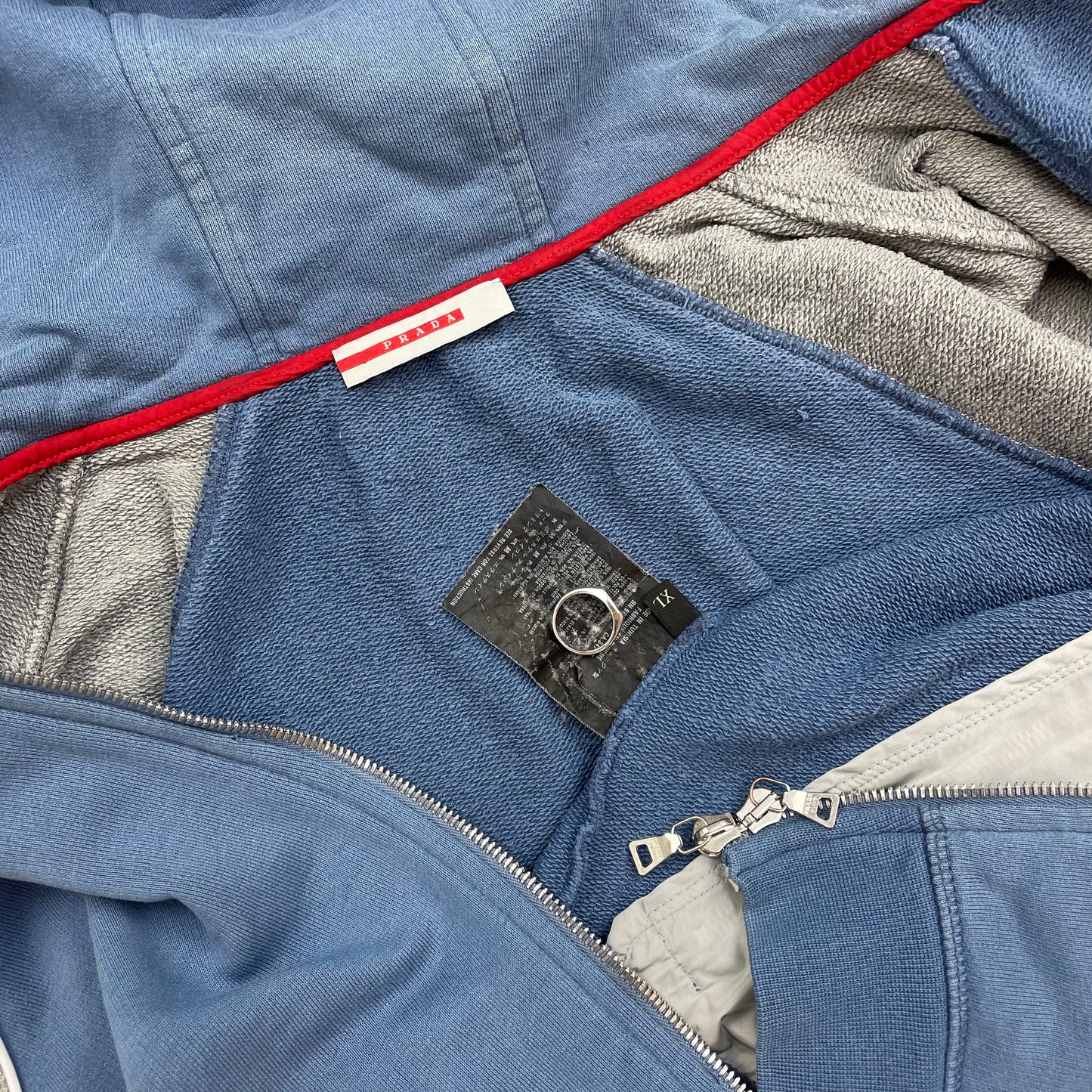Prada Sport Blue Grey & White 00s Panelled Nylon Hood Zip-Through Hoodie
