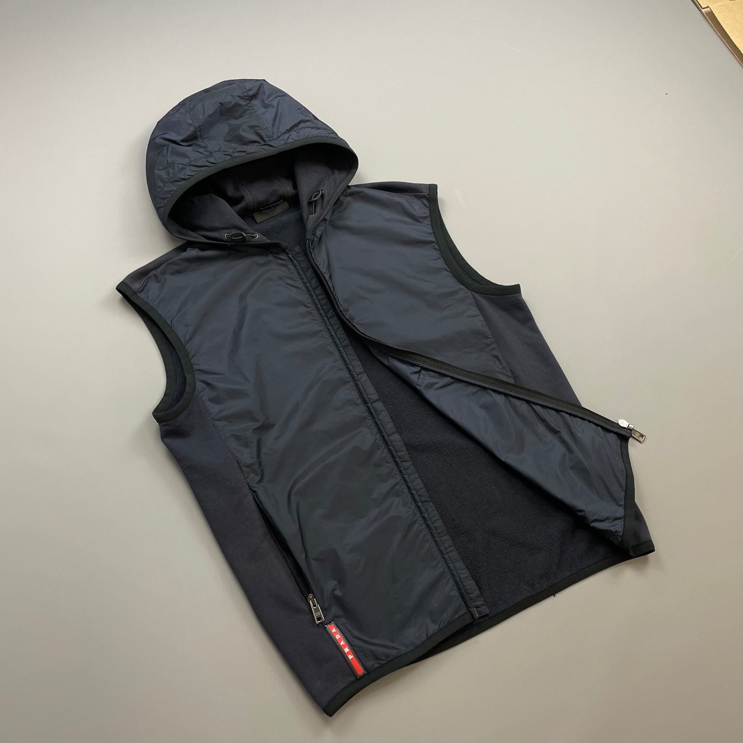 Prada Sport Navy 2017 Nylon Panelled Hooded Gilet Vest