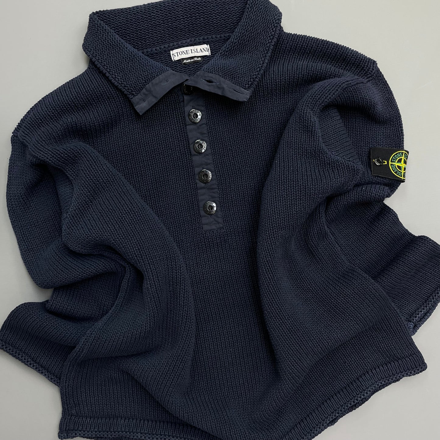 Stone Island Navy SS00 Heavyweight Button Collar Knit Jumper