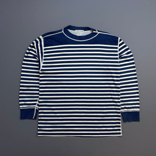 Stone Island Marina Navy & White 80s Striped Long Sleeve Spellout Tee