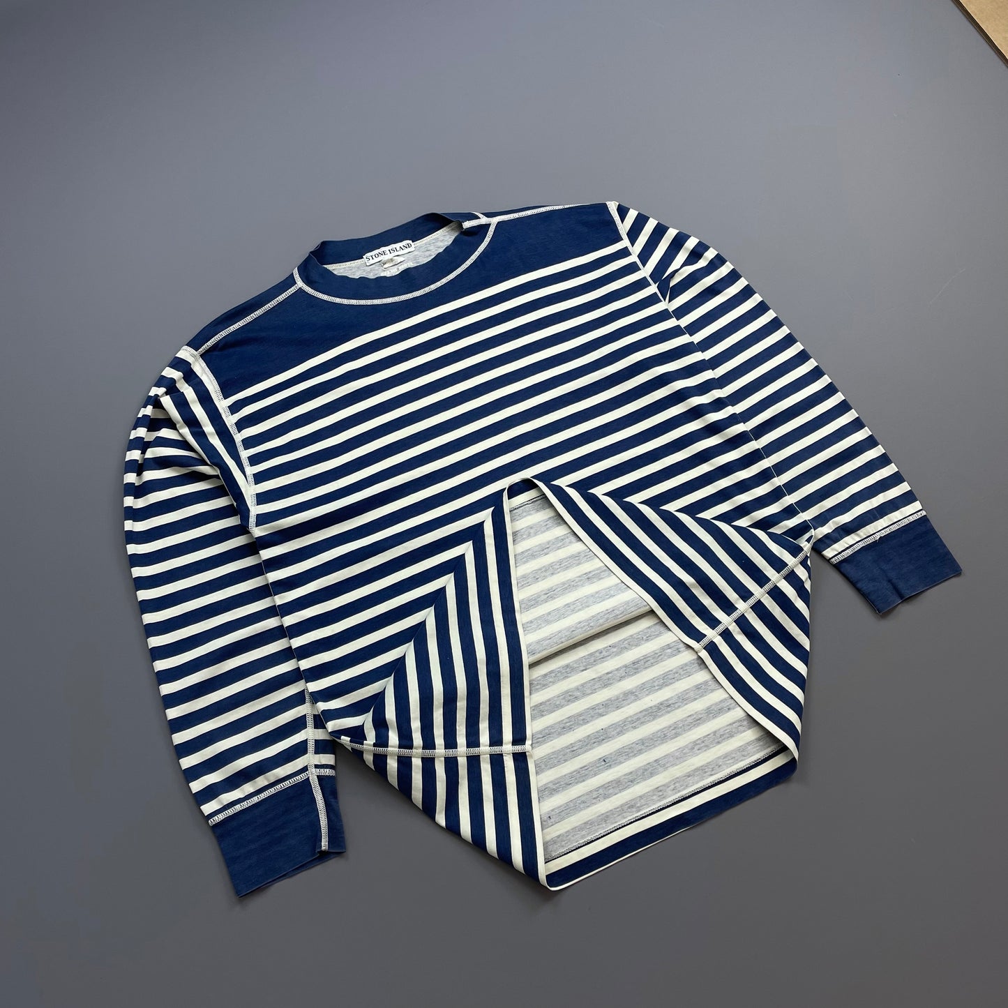 Stone Island Marina Navy & White 80s Striped Long Sleeve Spellout Tee