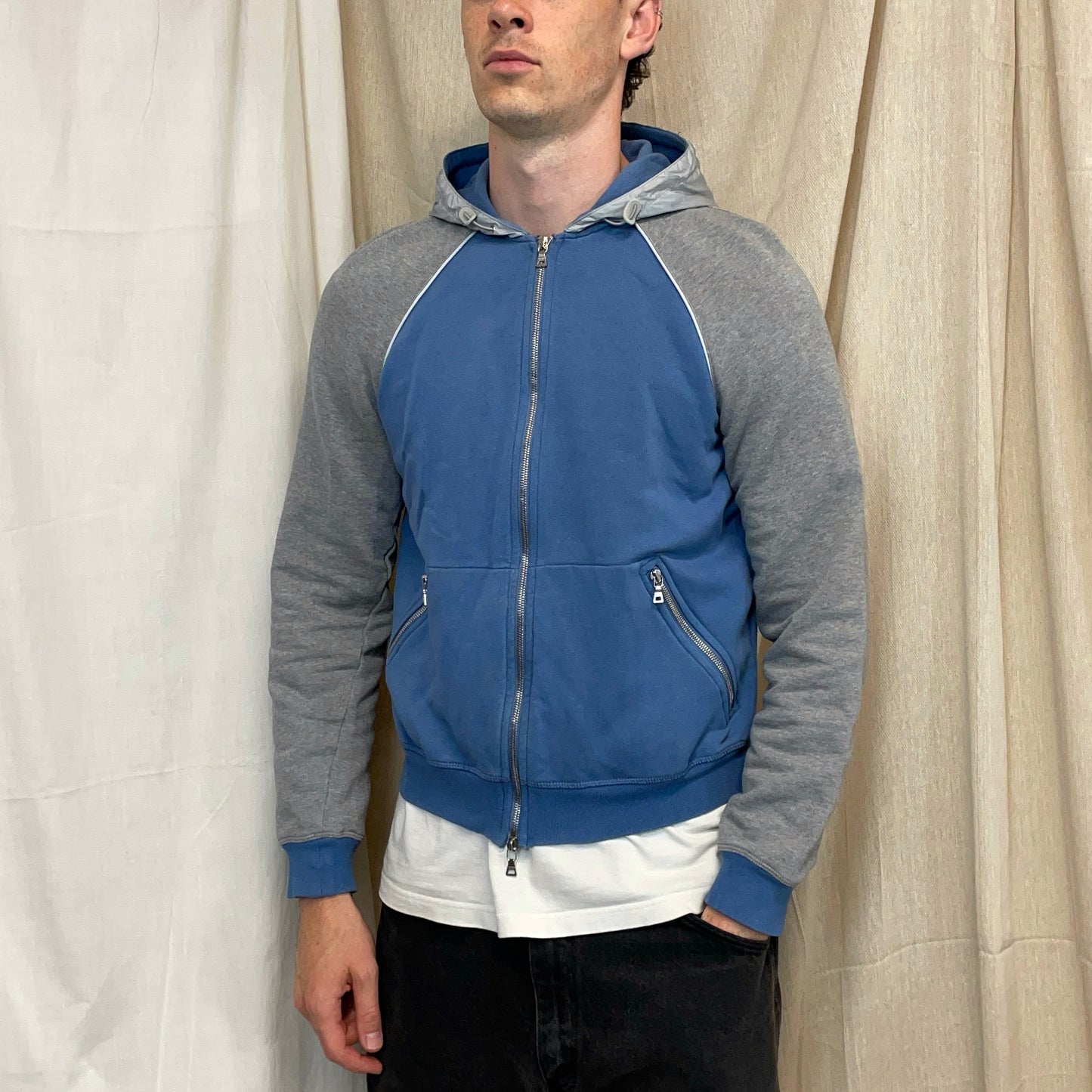 Prada Sport Blue Grey & White 00s Panelled Nylon Hood Zip-Through Hoodie