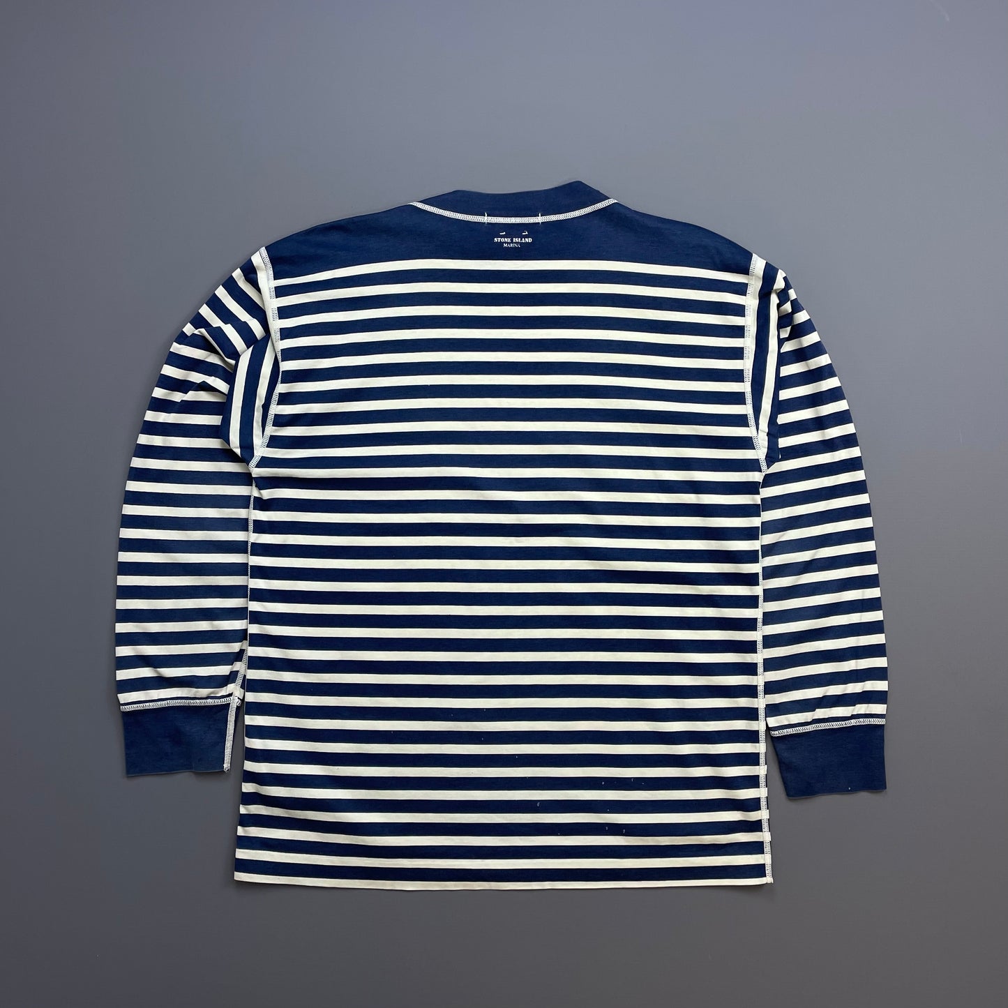 Stone Island Marina Navy & White 80s Striped Long Sleeve Spellout Tee