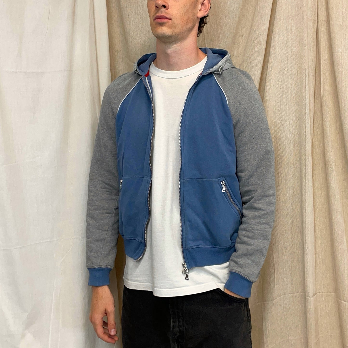 Prada Sport Blue Grey & White 00s Panelled Nylon Hood Zip-Through Hoodie