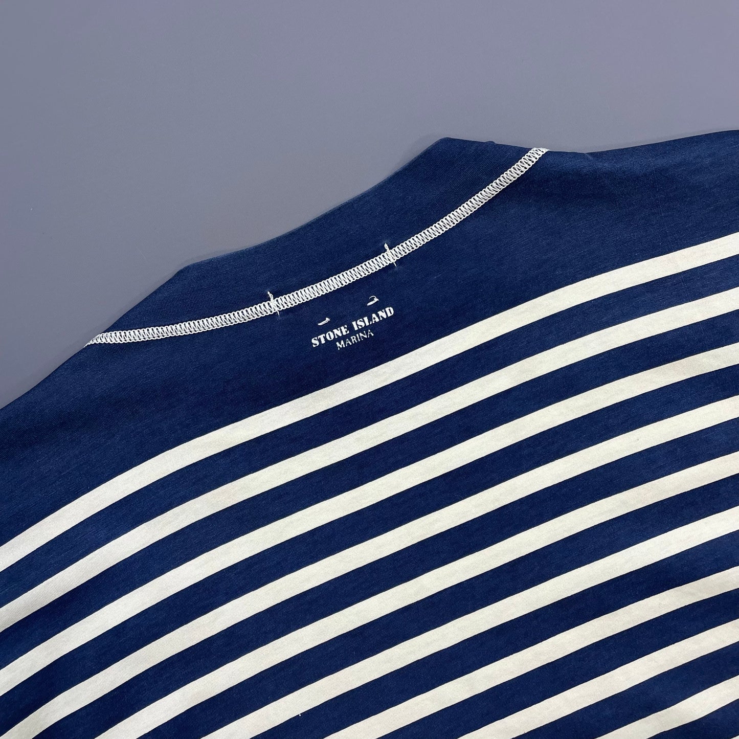 Stone Island Marina Navy & White 80s Striped Long Sleeve Spellout Tee