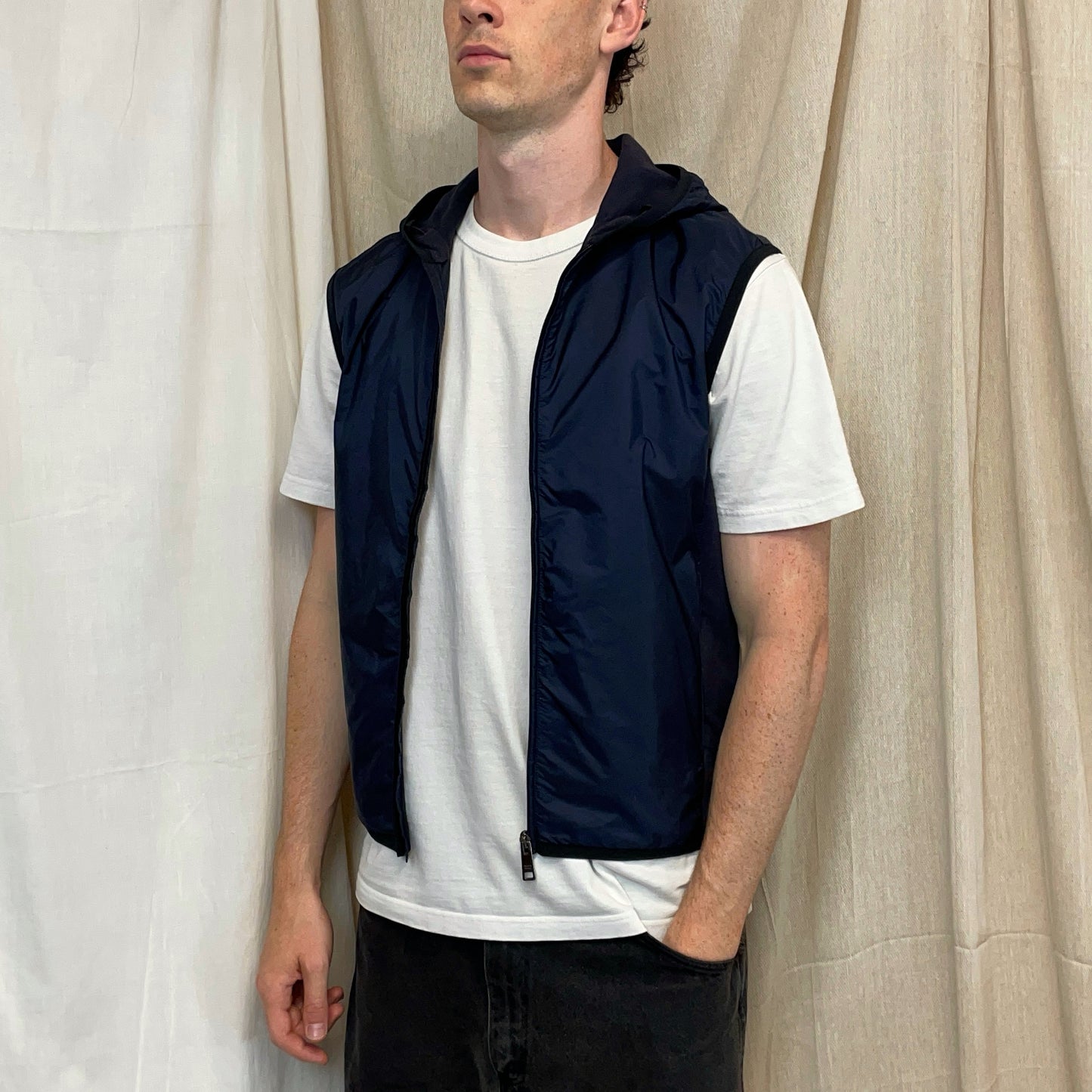 Prada Sport Navy 2017 Nylon Panelled Hooded Gilet Vest