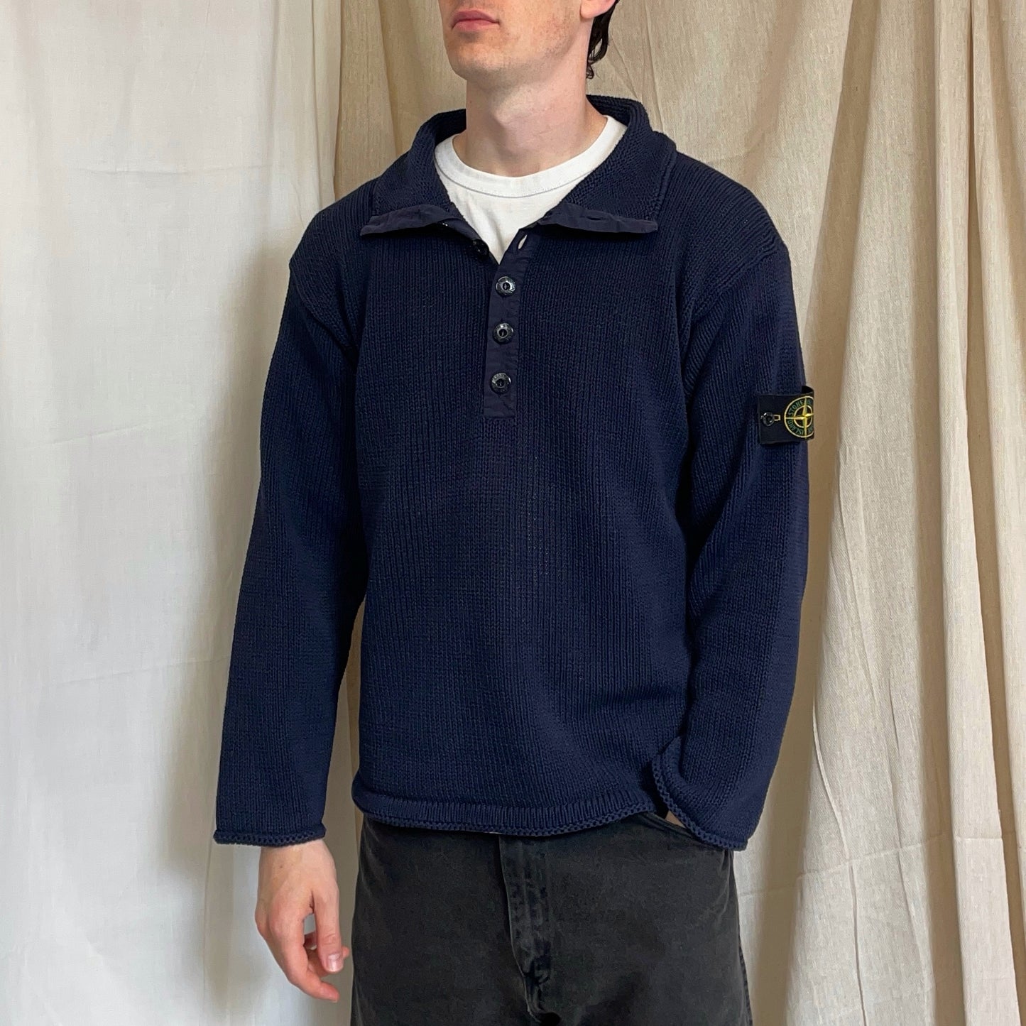 Stone Island Navy SS00 Heavyweight Button Collar Knit Jumper