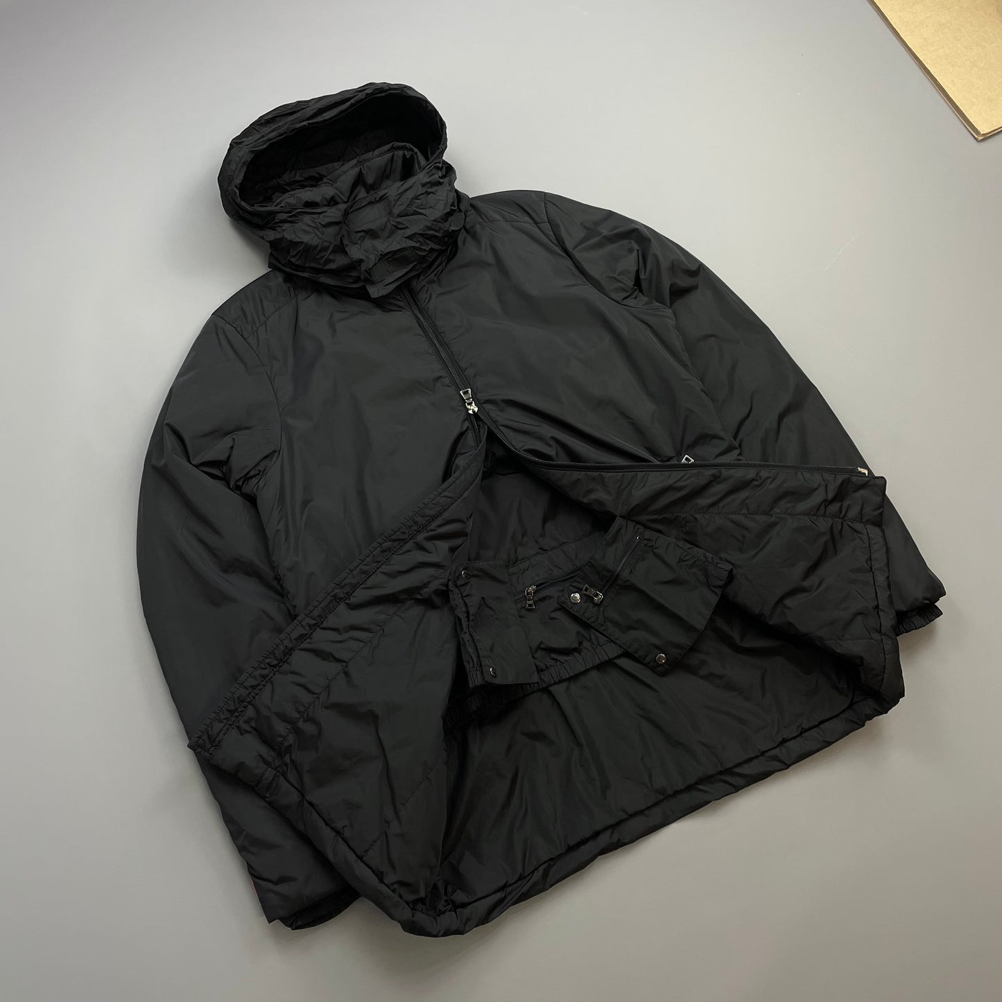 Prada Sport Black 00s Nylon Padded Concealed Hood Longline Jacket