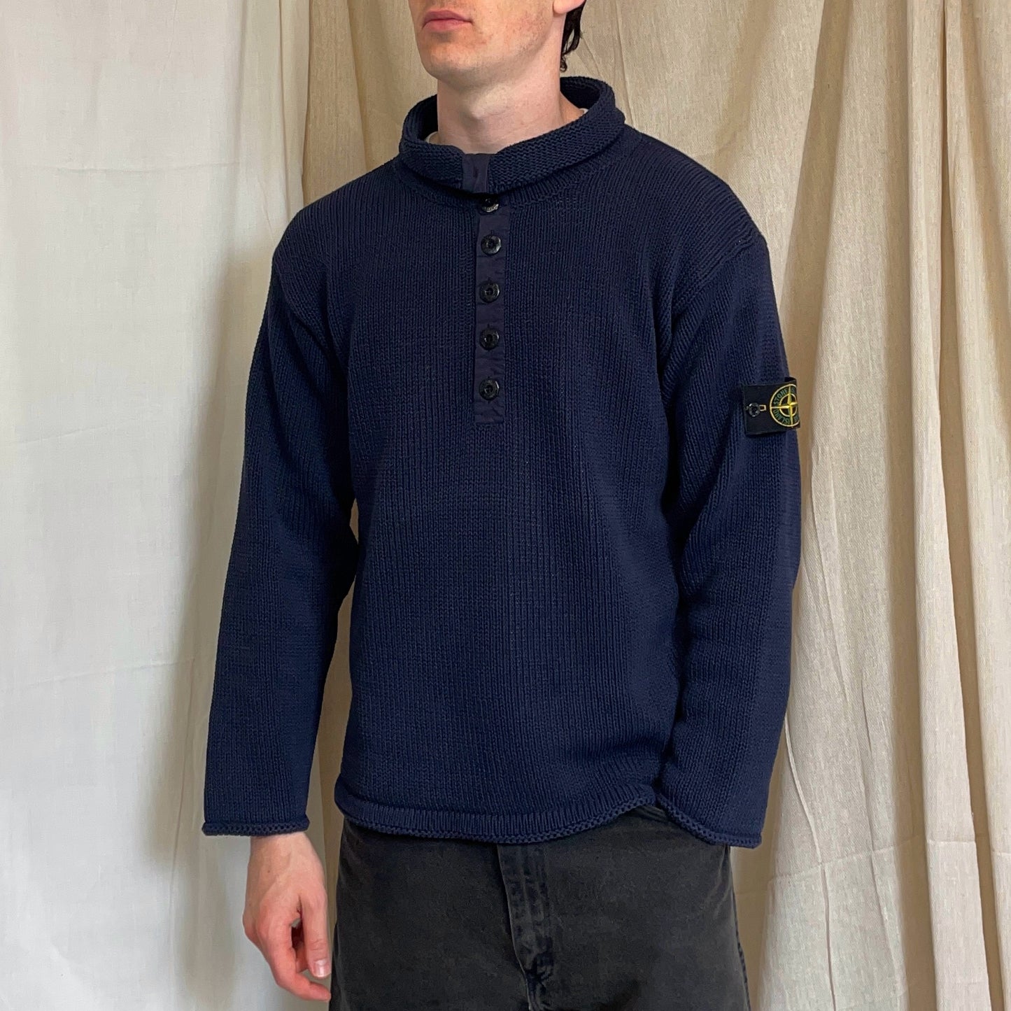Stone Island Navy SS00 Heavyweight Button Collar Knit Jumper