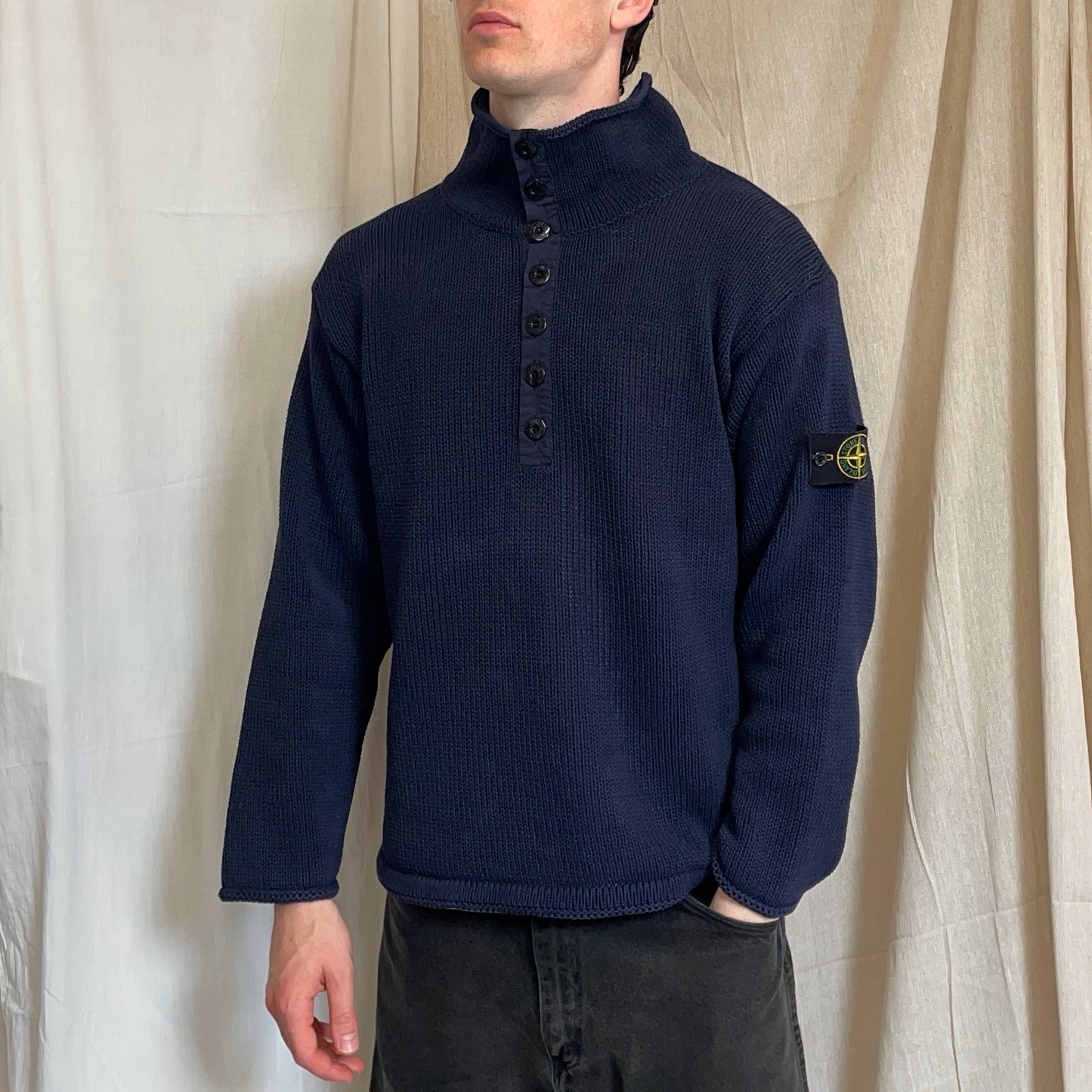 Stone Island Navy SS00 Heavyweight Button Collar Knit Jumper