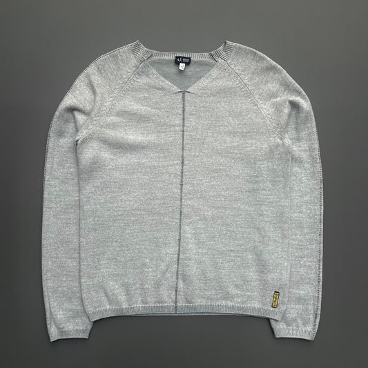 Armani Jeans Light Grey 00s Contrast Stitch Knit Jumper