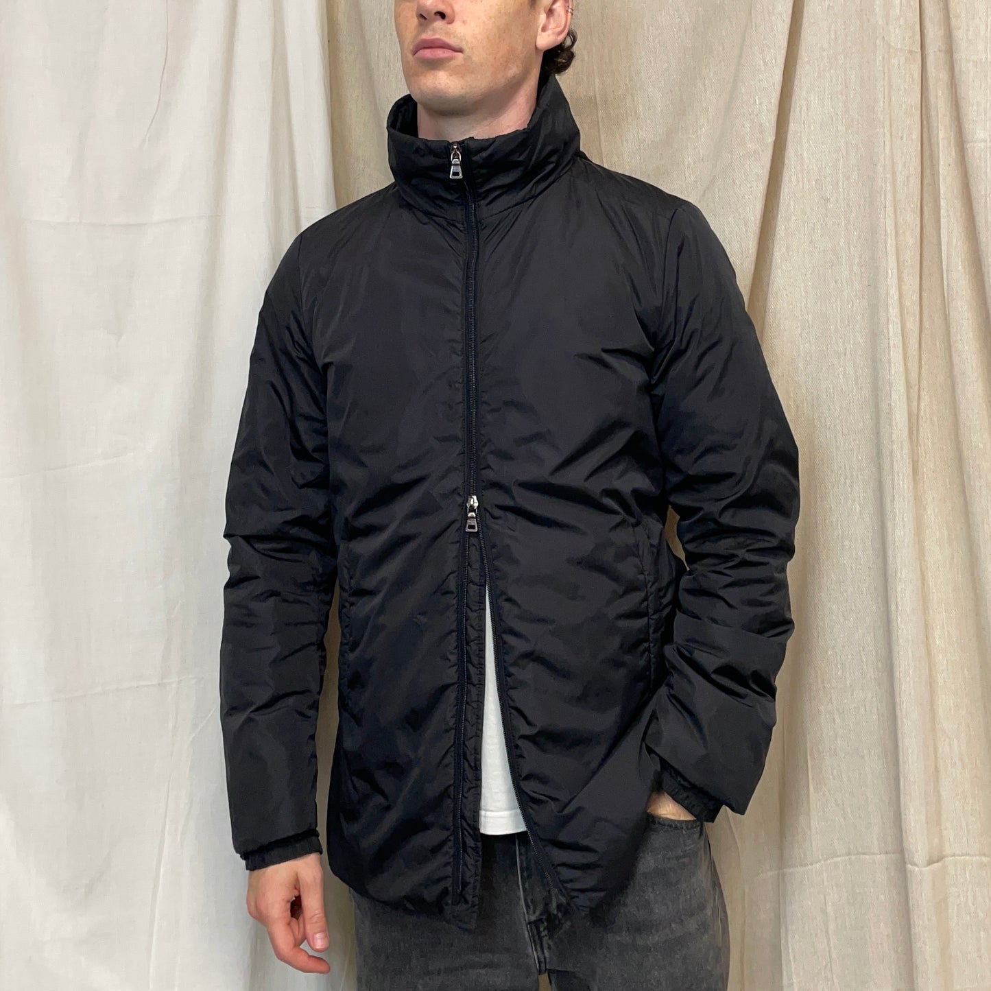 Prada Sport Black 00s Nylon Padded Concealed Hood Longline Jacket