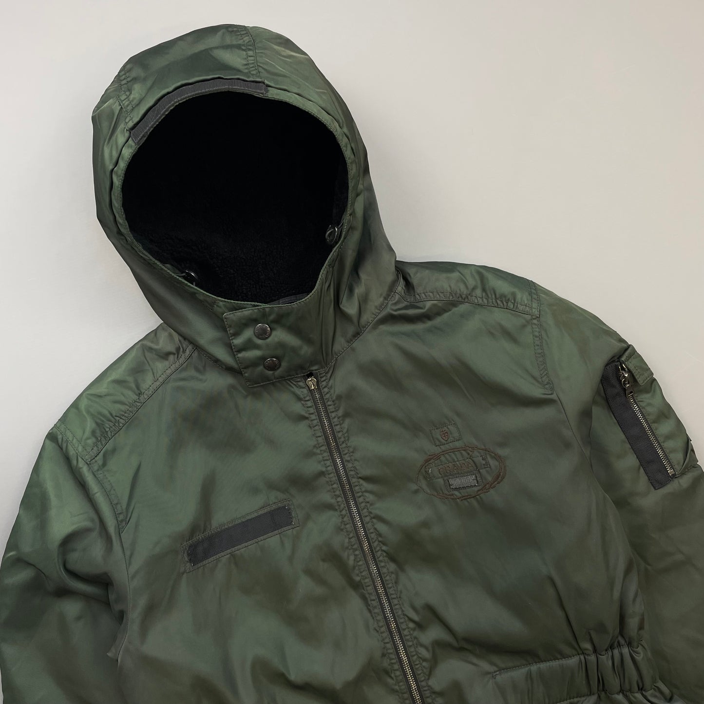 Prada Milano Green 2006 Nylon Sheep Fur Ski-Style Utility Hooded Jacket