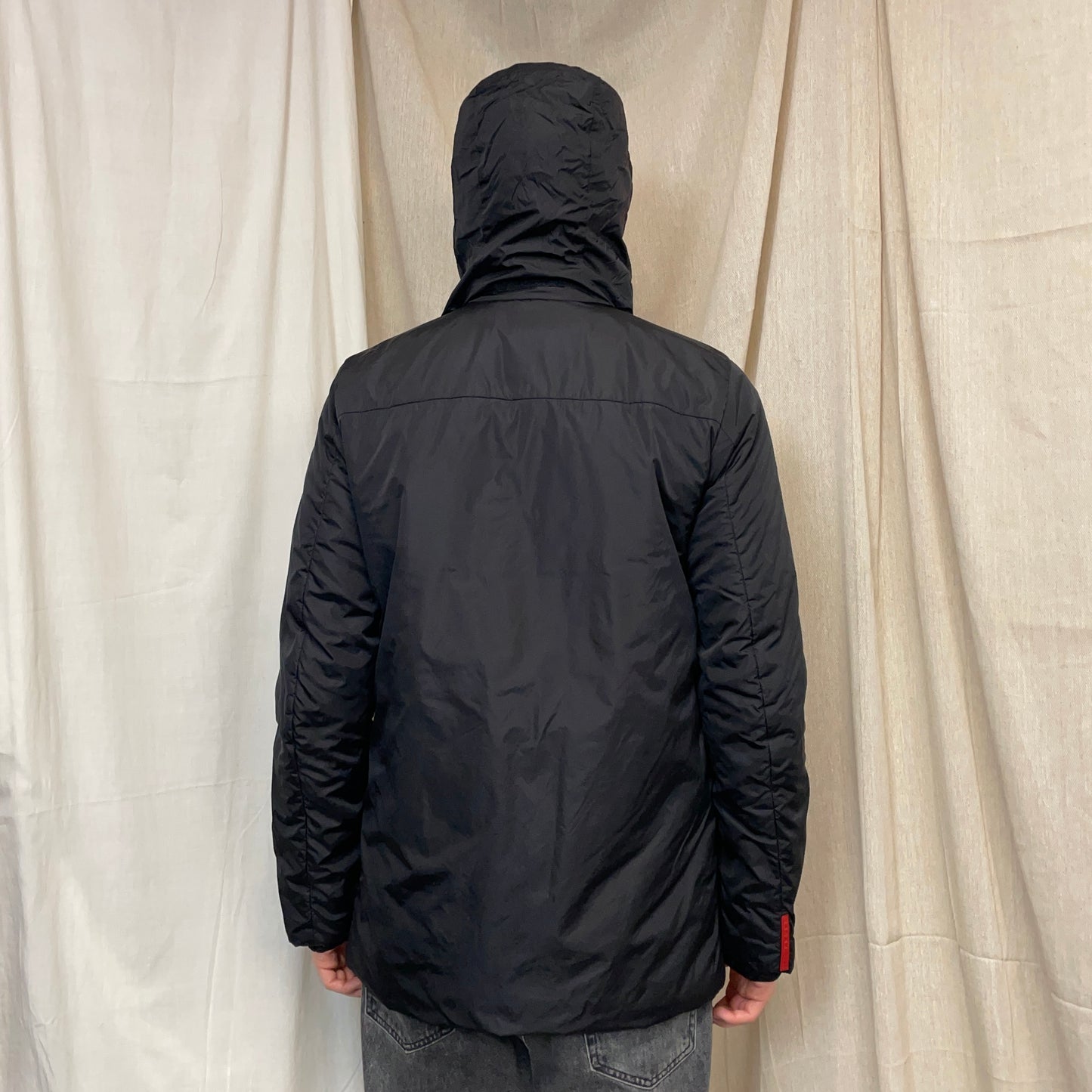 Prada Sport Black 00s Nylon Padded Concealed Hood Longline Jacket