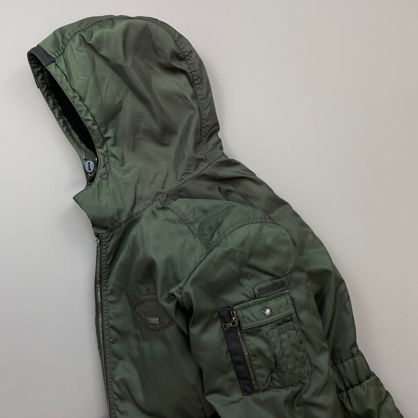 Prada Milano Green 2006 Nylon Sheep Fur Ski-Style Utility Hooded Jacket
