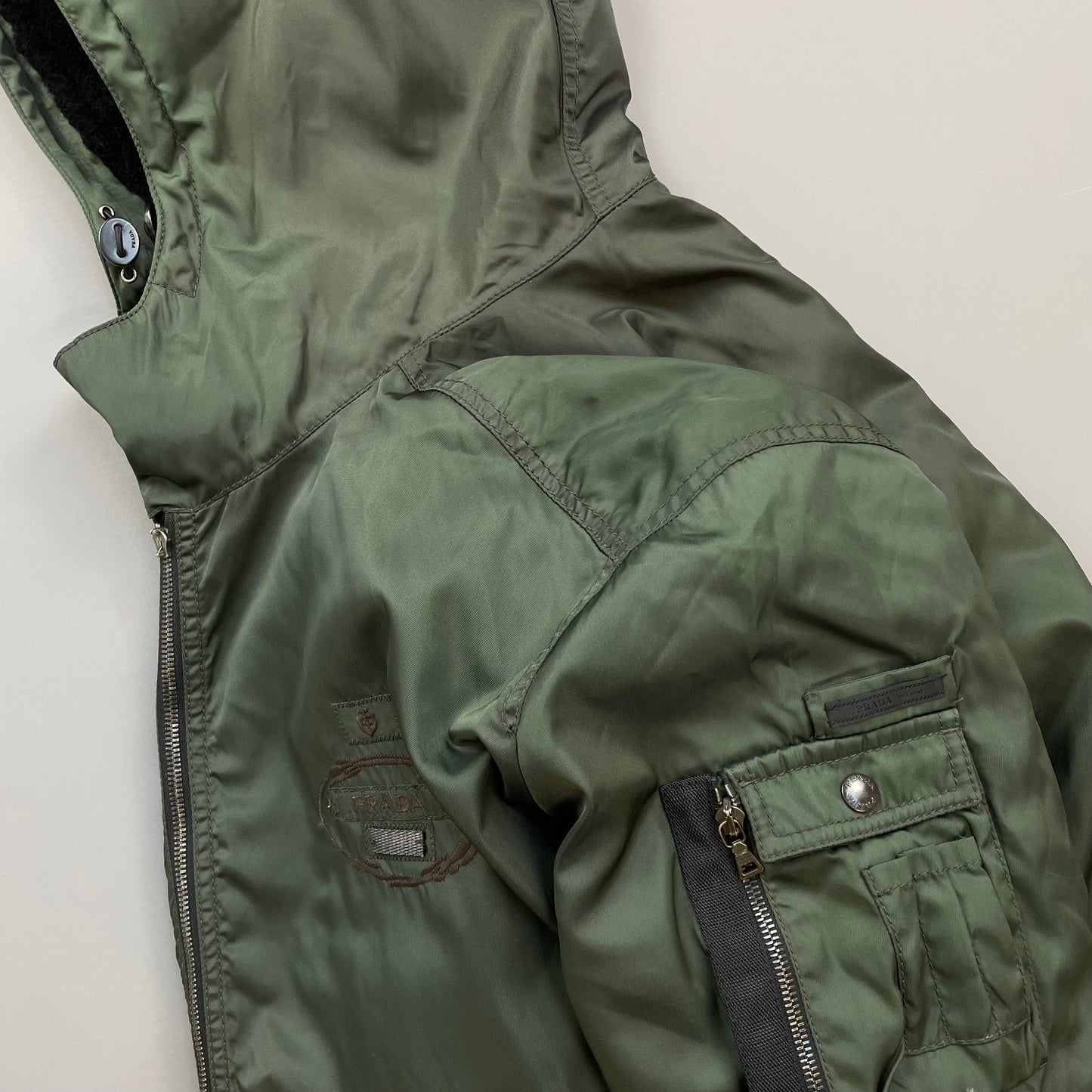 Prada Milano Green 2006 Nylon Sheep Fur Ski-Style Utility Hooded Jacket