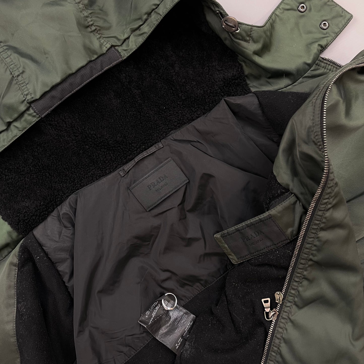 Prada Milano Green 2006 Nylon Sheep Fur Ski-Style Utility Hooded Jacket