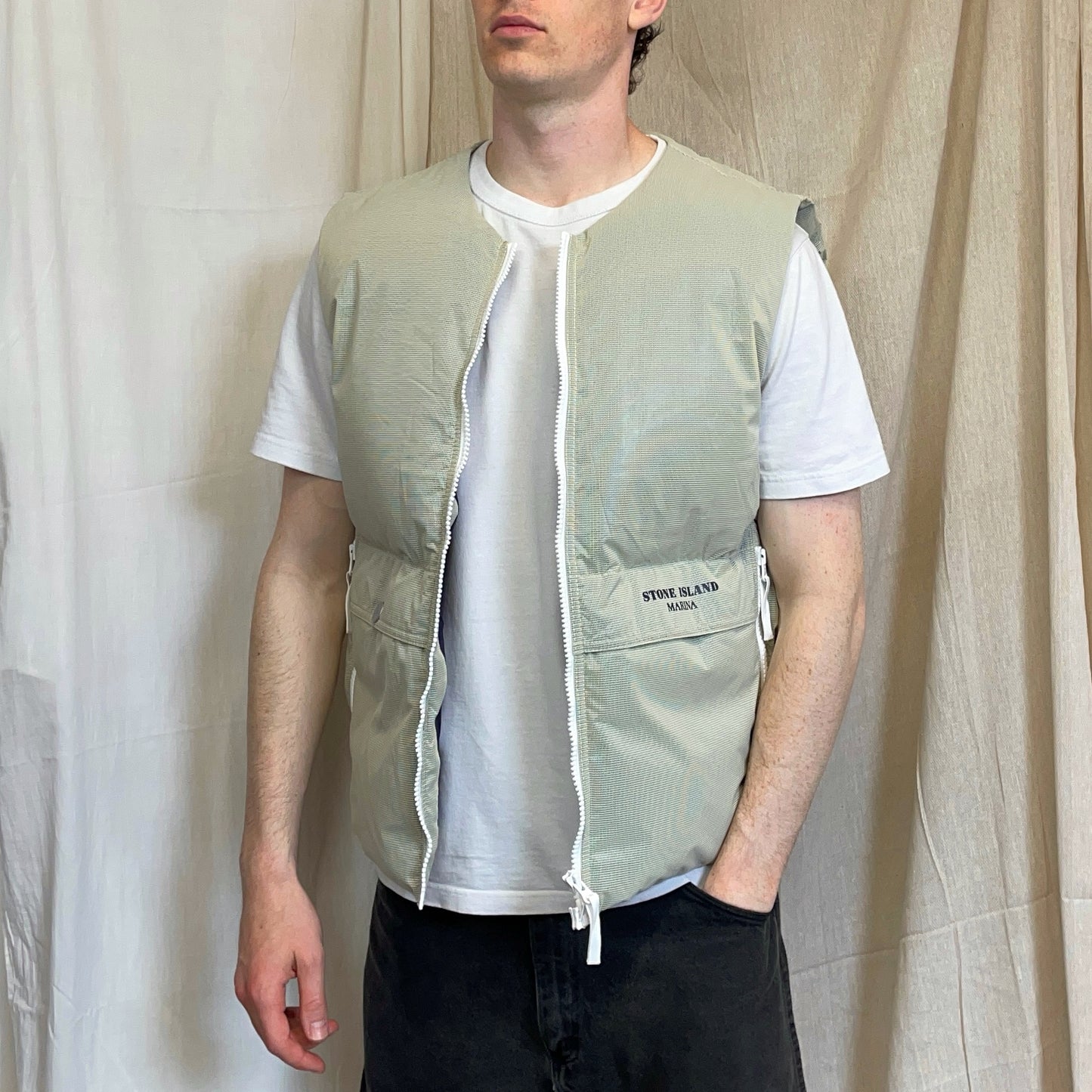 Stone Island Mint Green & White AW24 Ripstop Cover Down S.I. Marina Gilet