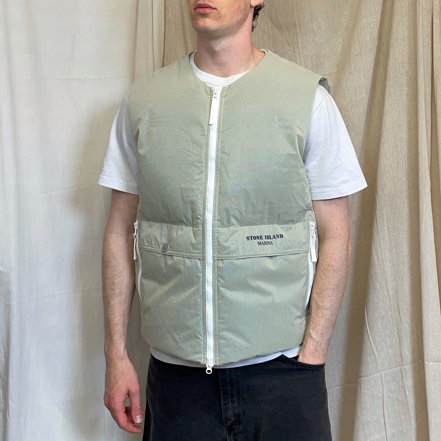 Stone Island Mint Green & White AW24 Ripstop Cover Down S.I. Marina Gilet